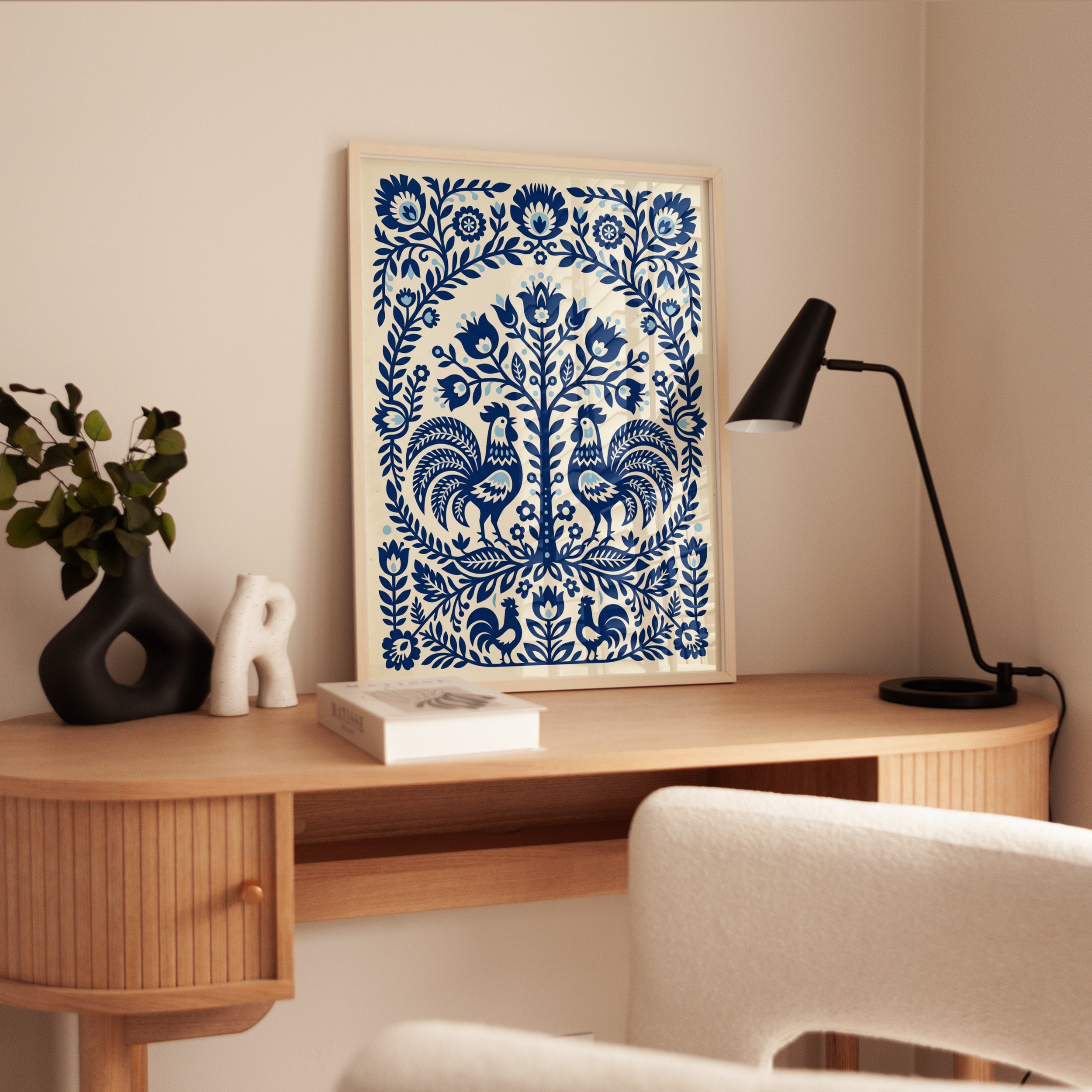 Folk Art Rooster Print — Scandinavian Blue Floral Symmetry - interior