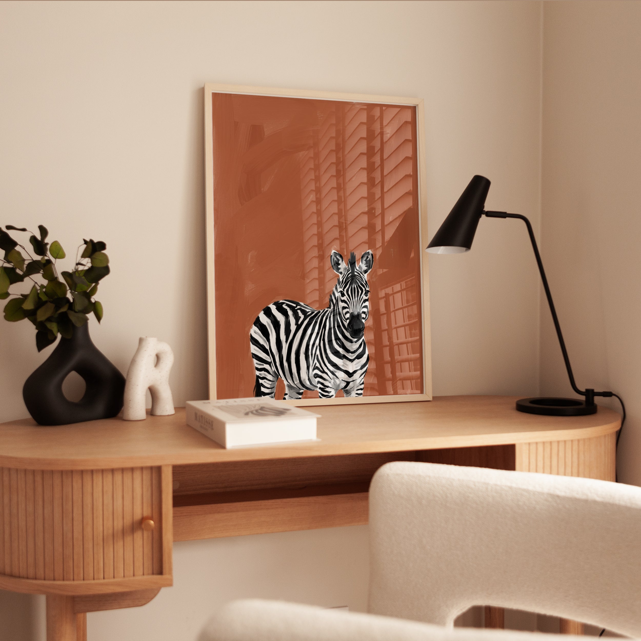 Zebra Portrait Print – Terracotta Background - interior