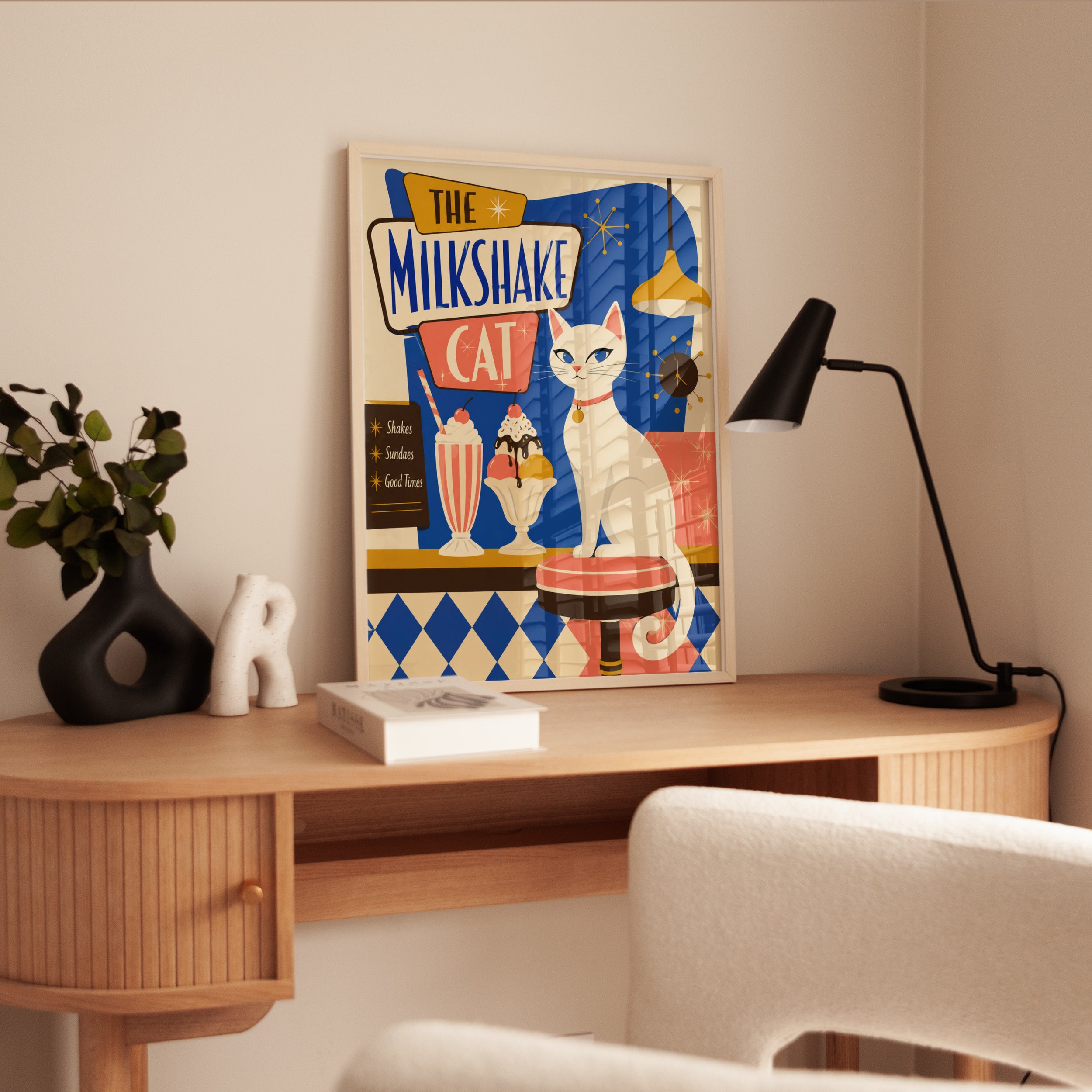 Retro Diner Wall Art – Mid Century Cat Print - interior