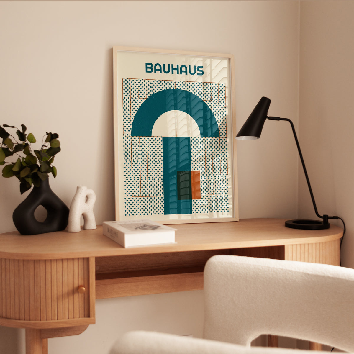 Bauhaus Geometric Arch Print: Teal and Cream Modernist Design - interior
