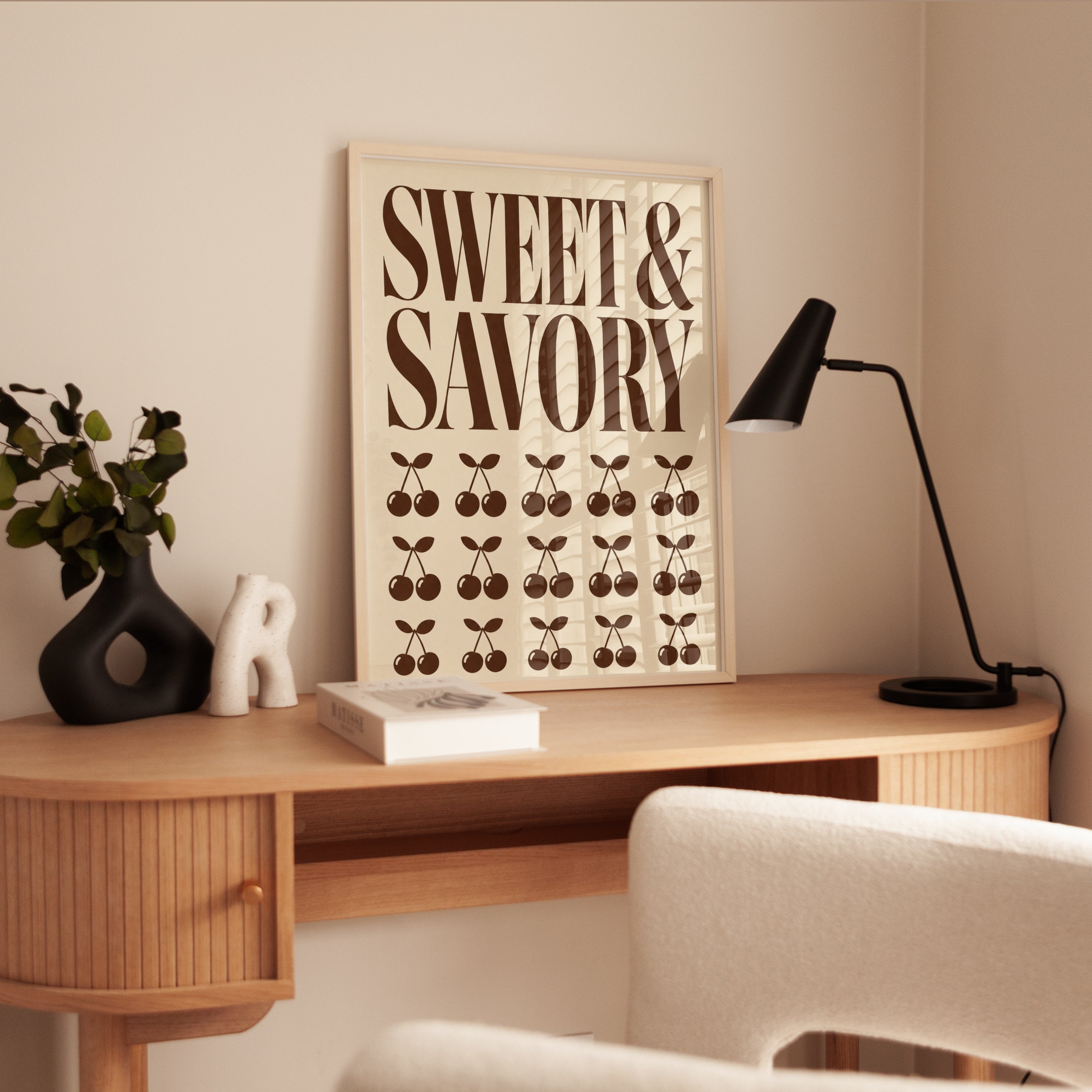 Cherry Typography Print: Retro Kitchen Wall Art (Brown & Cream) - interior