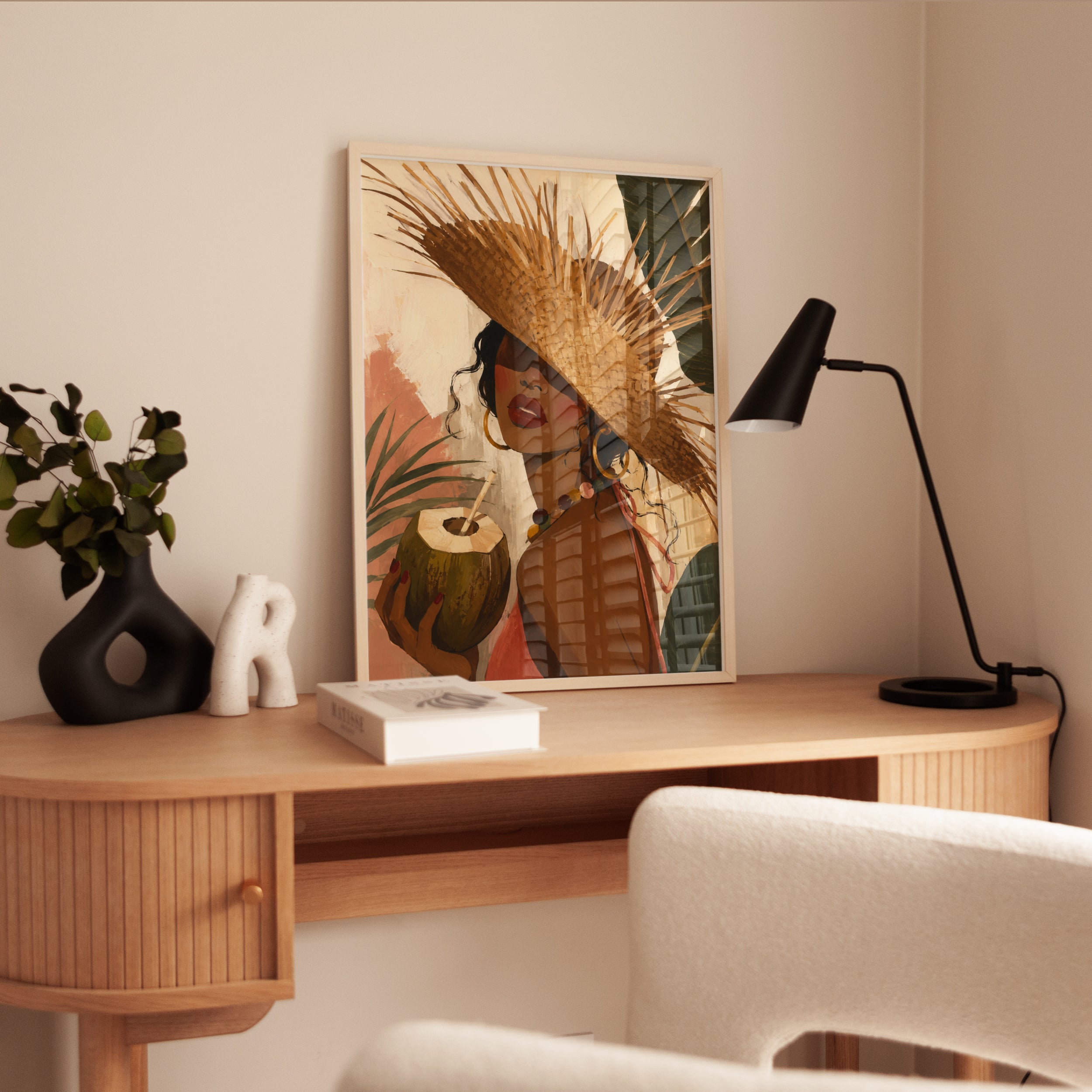 Tropical Woman With Straw Hat Art Print: Warm Earth Tones - interior
