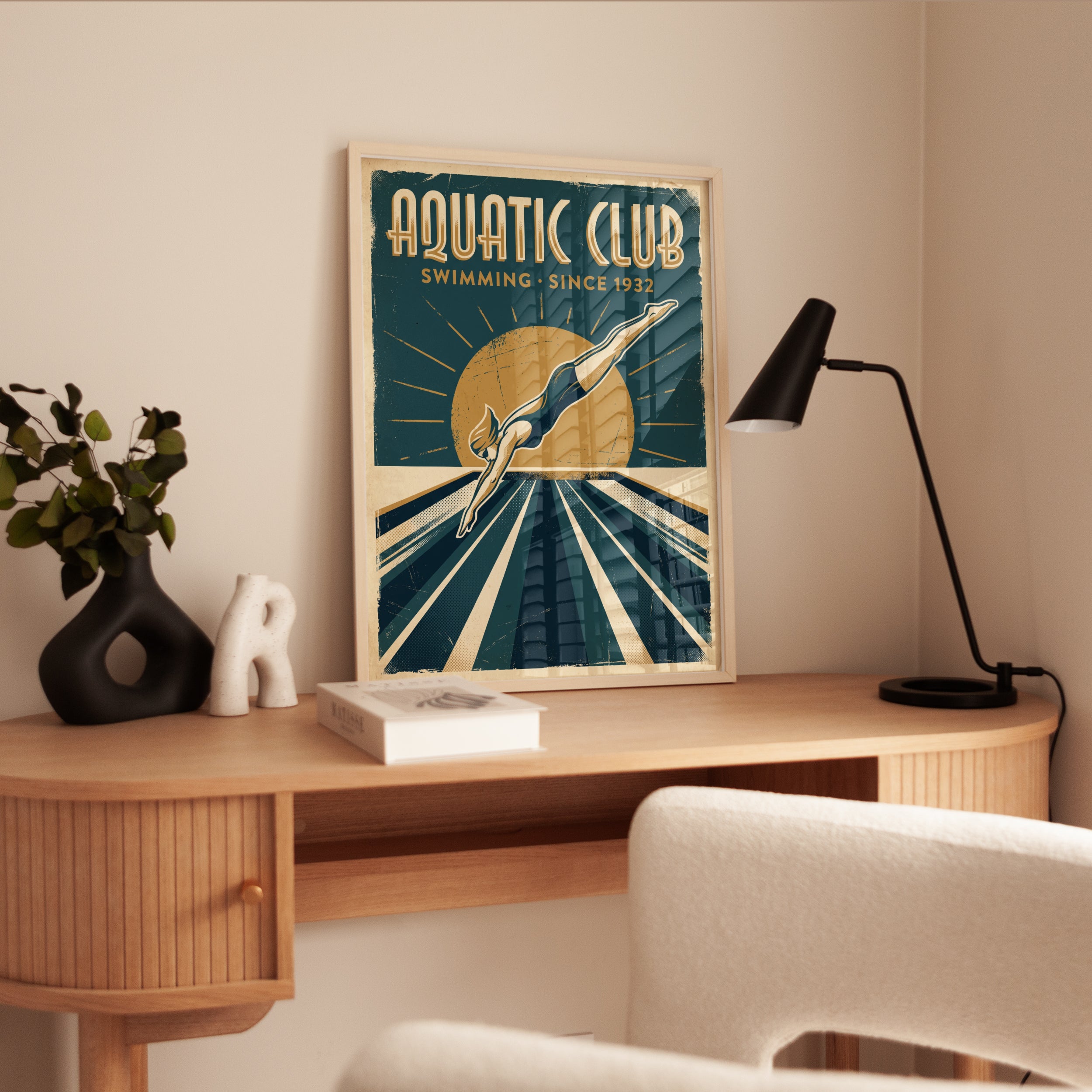 Aquatic Club Diving Poster: Art Deco Swimming Vintage Print - interior