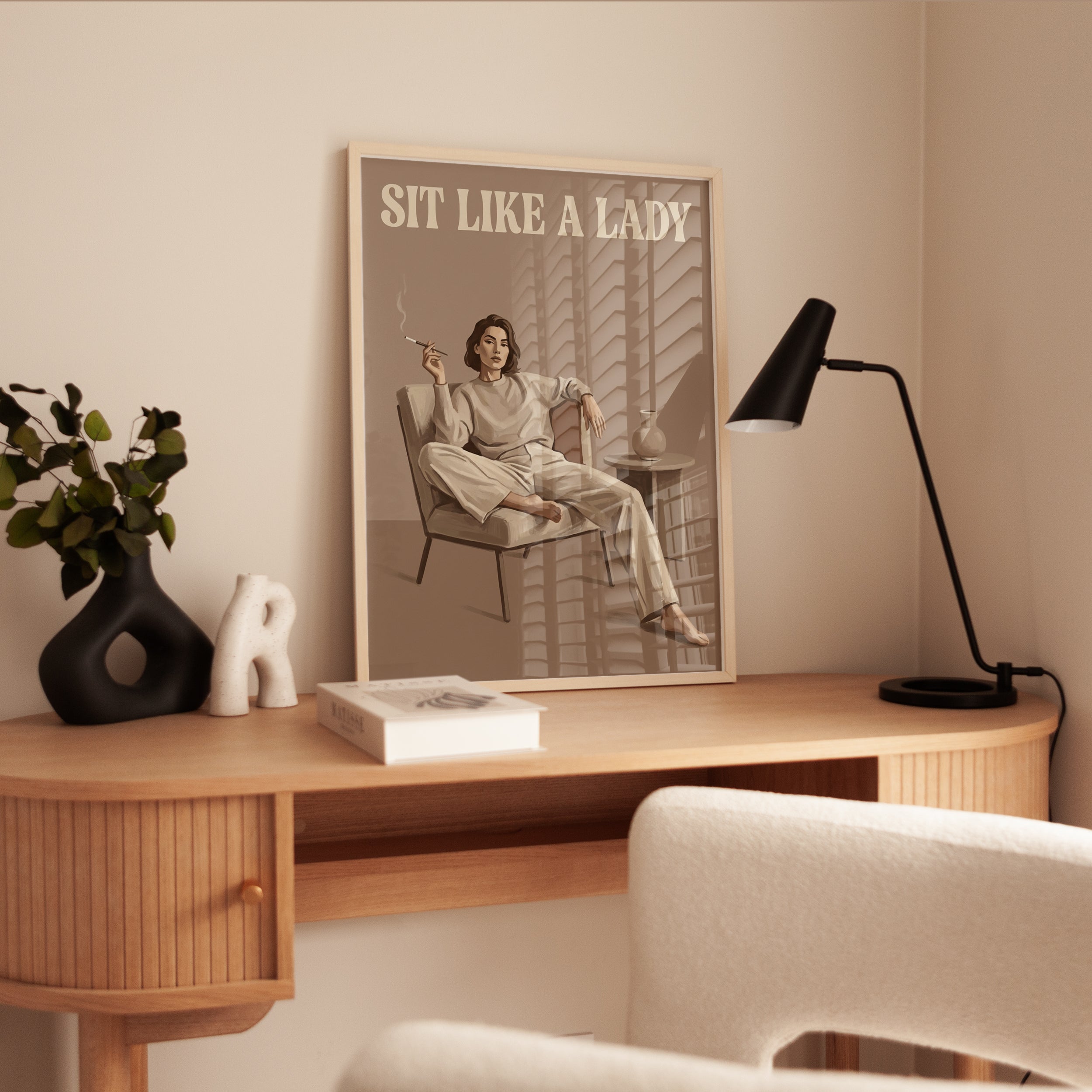 Sit Like A Lady Wall Art: Vintage Feminist Neutral Tone Print - interior