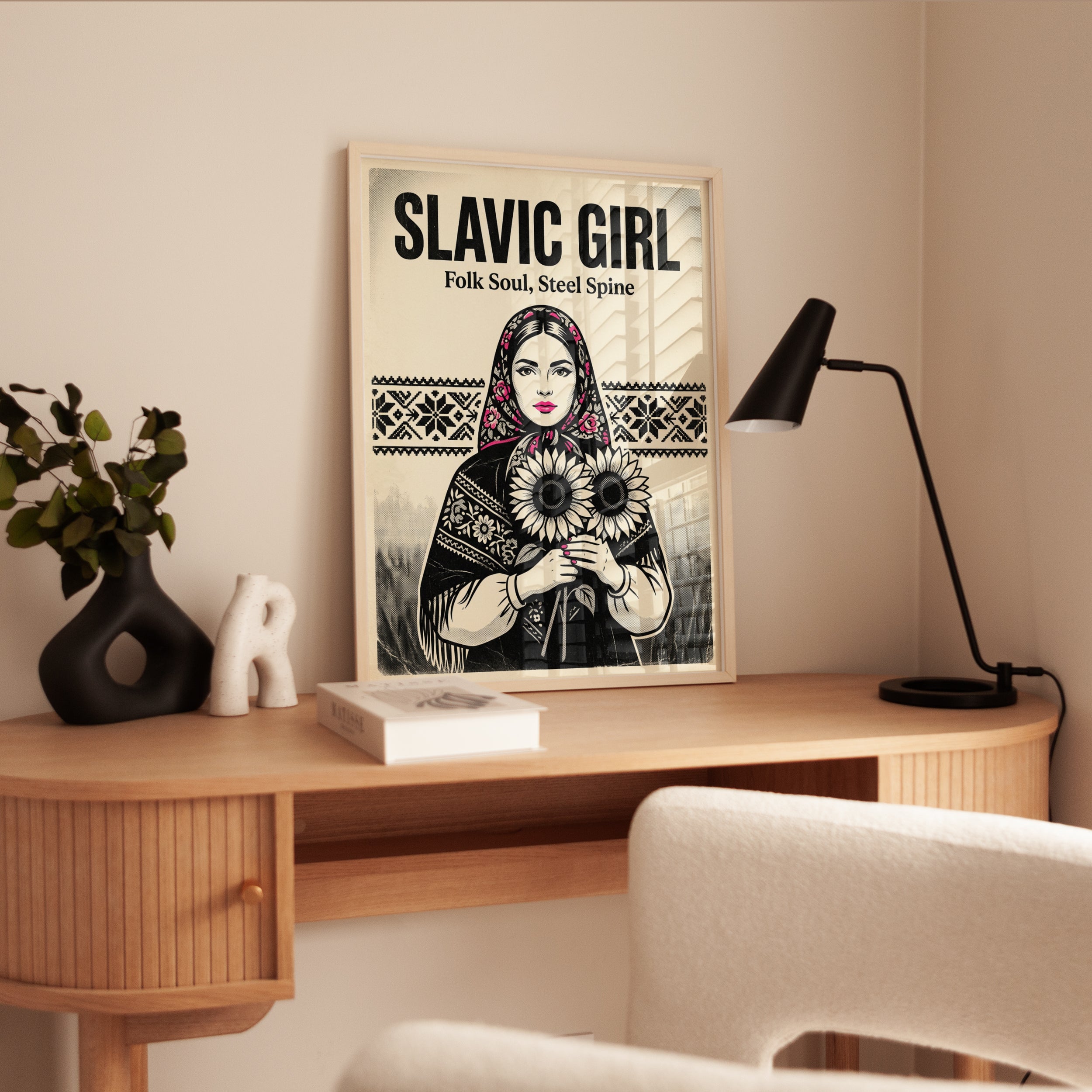 Slavic Folk Art Print: Woman with Sunflowers and Traditional Pattern - interior