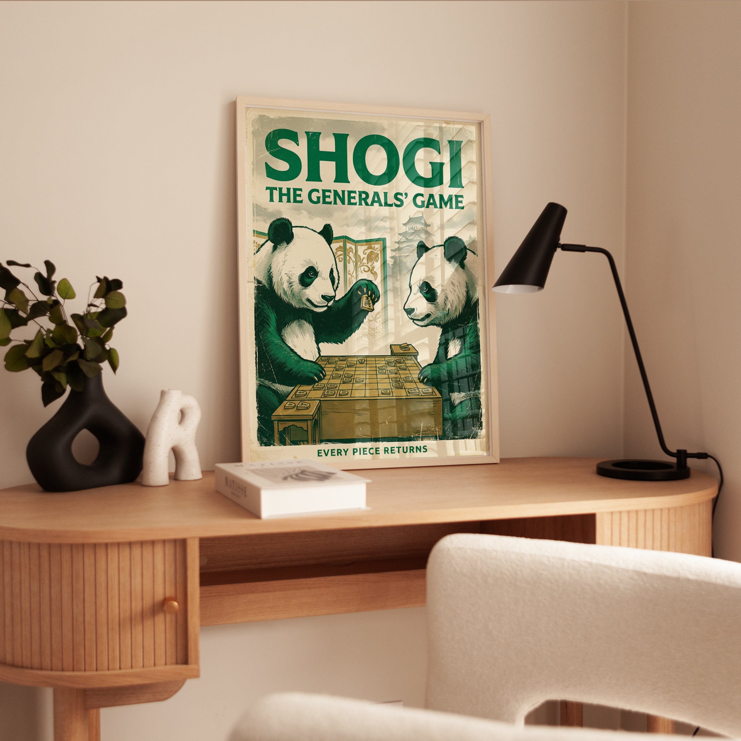 Shogi Pandas Playing Japanese Chess: Vintage Green Board Game Poster - interior
