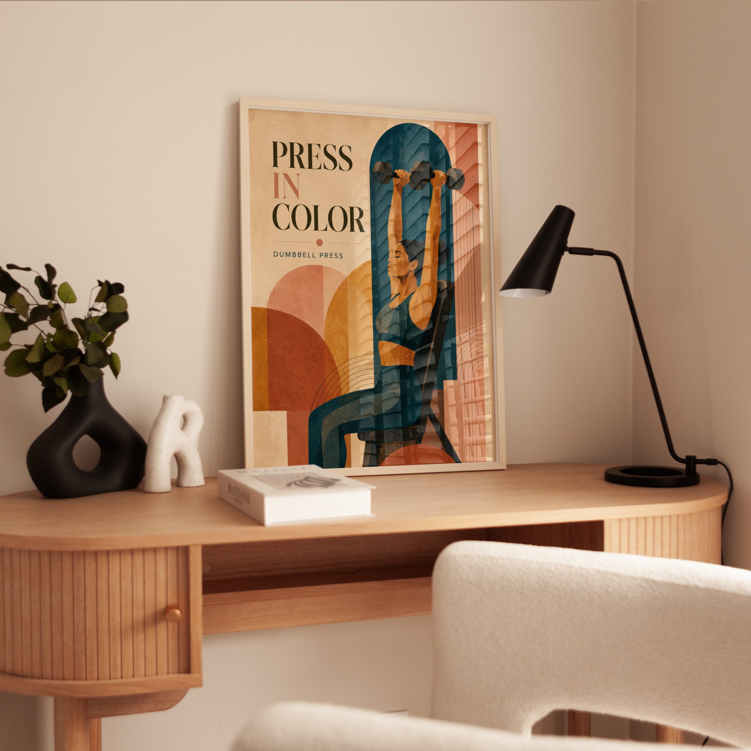 Dumbbell Press Fitness Poster: Art Deco Geometric Workout Print - interior