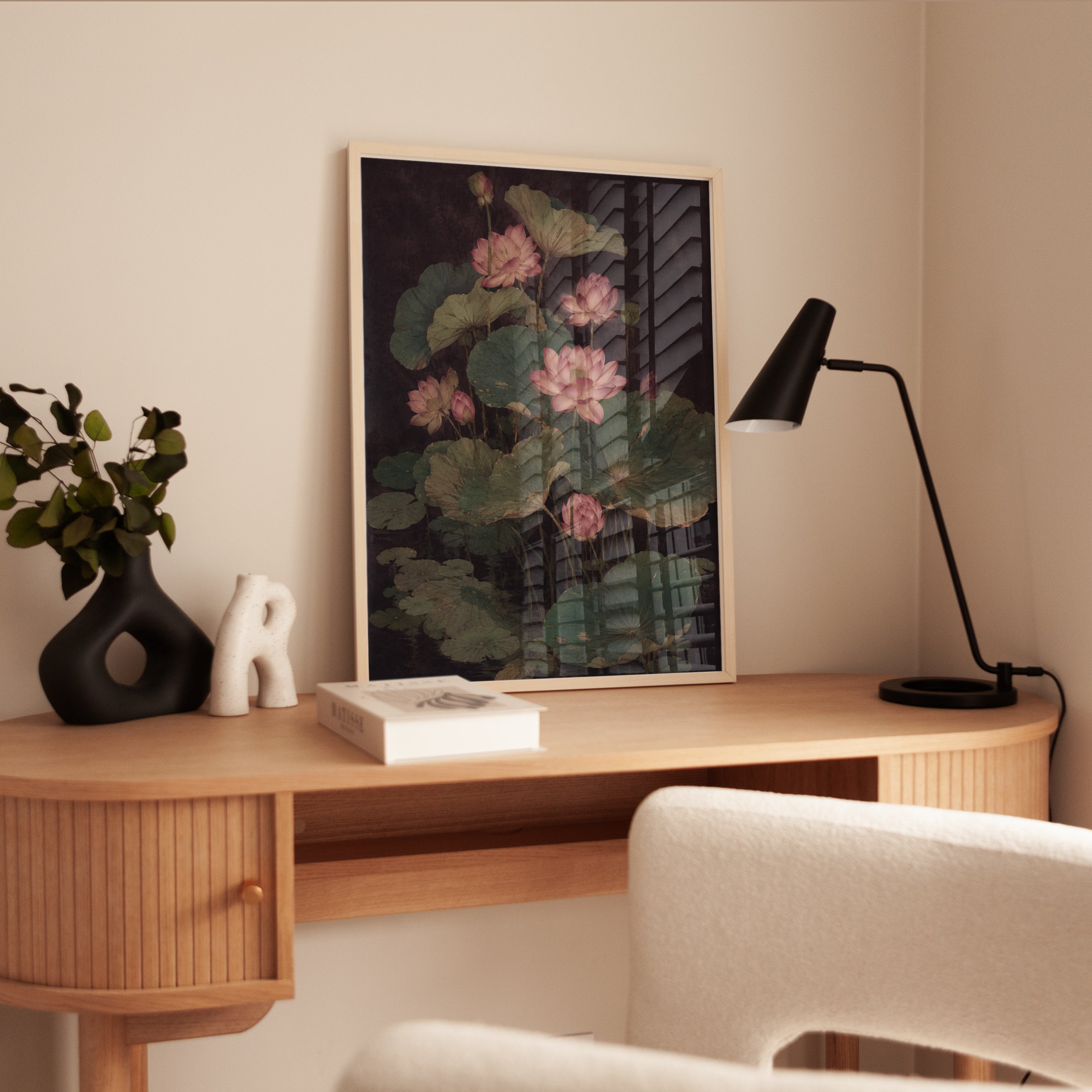 Lotus Flower Botanical Print – Vintage Asian Inspired Dark Moody Wall - interior