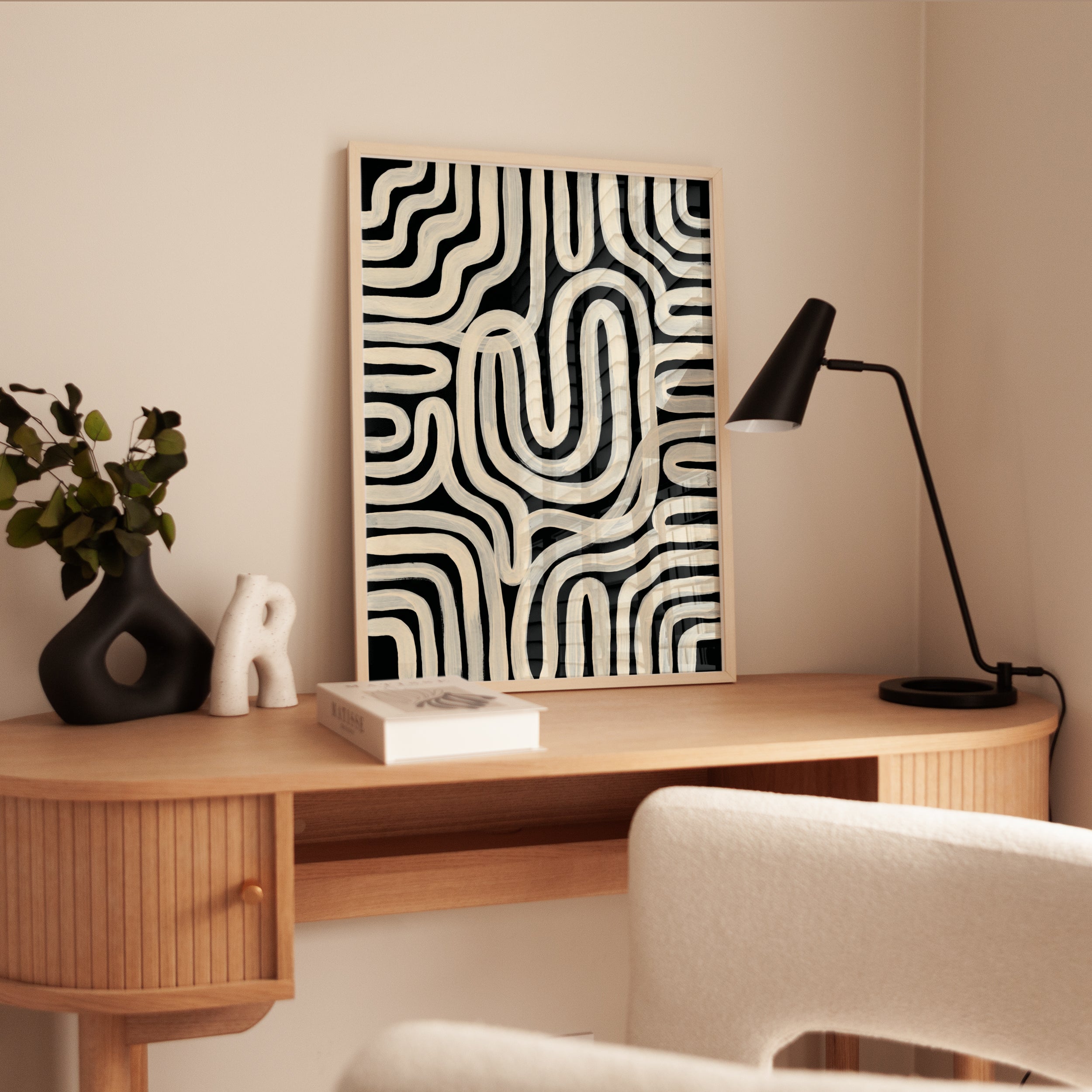 Modern Abstract Wall Art: Black and White Curves - interior