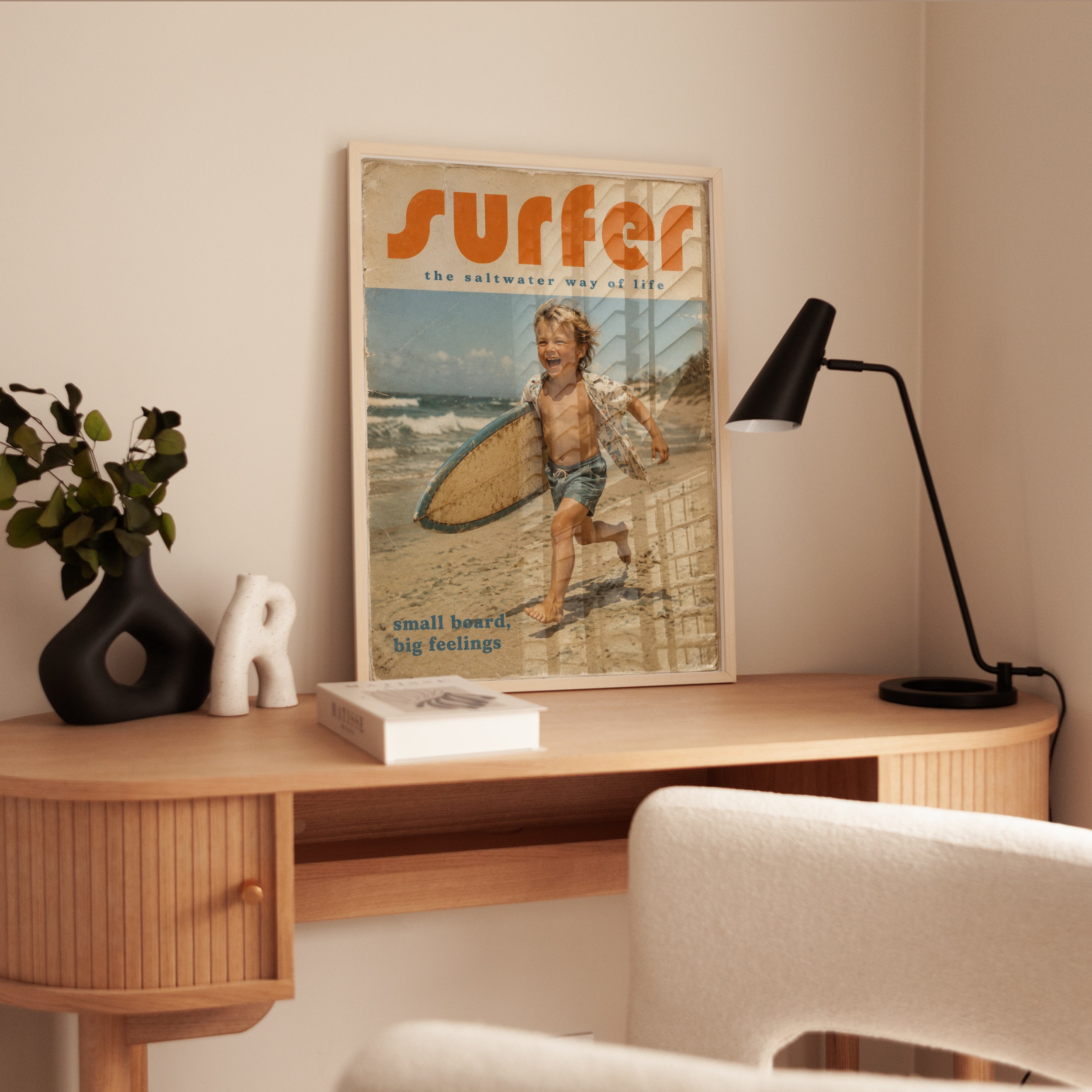 Vintage Surfer Magazine Print — Retro Beach Child with Surfboard - interior