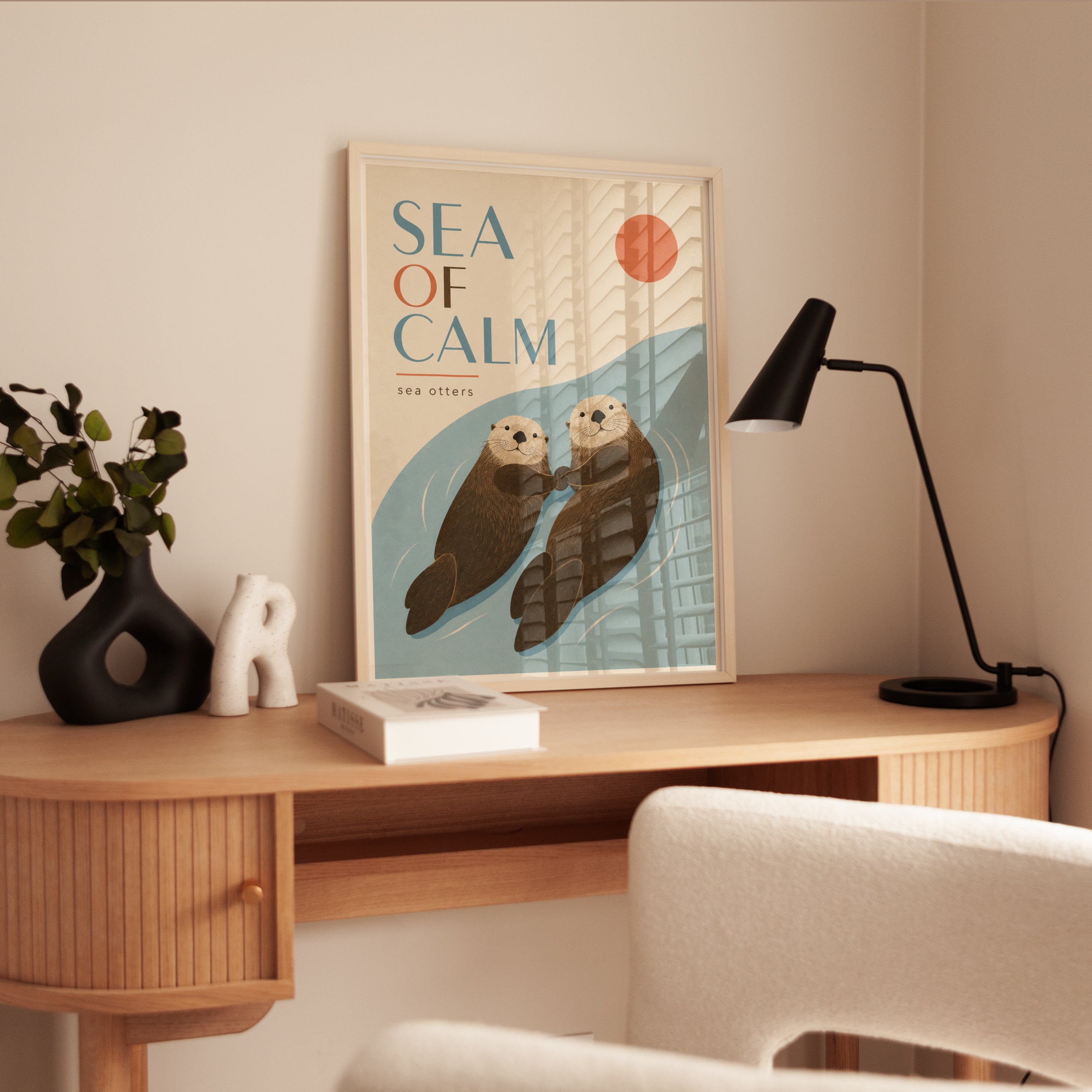 Sea Otters Holding Hands Print: Minimalist Ocean Wildlife Art - interior