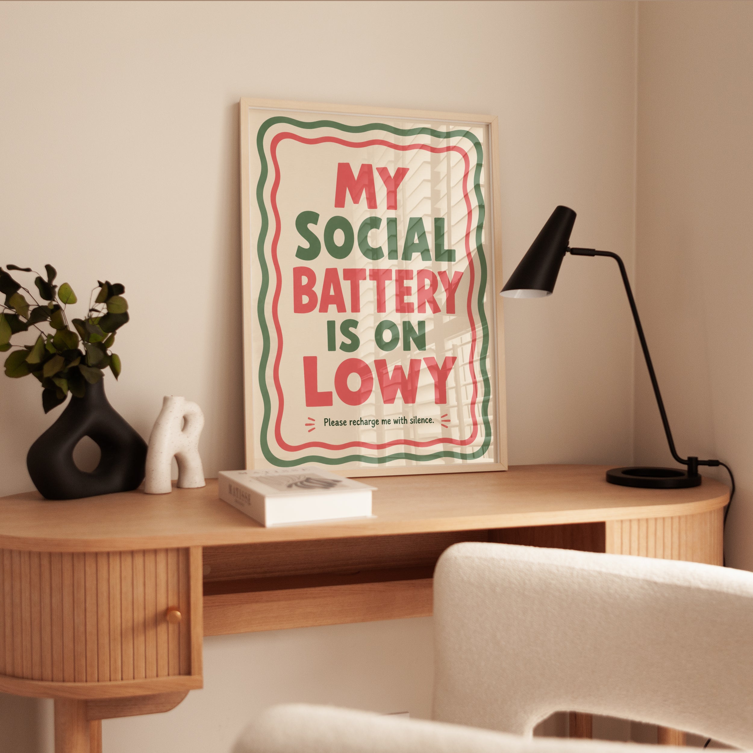 Social Battery Low Typography Print: Retro Humor Wall Art - interior