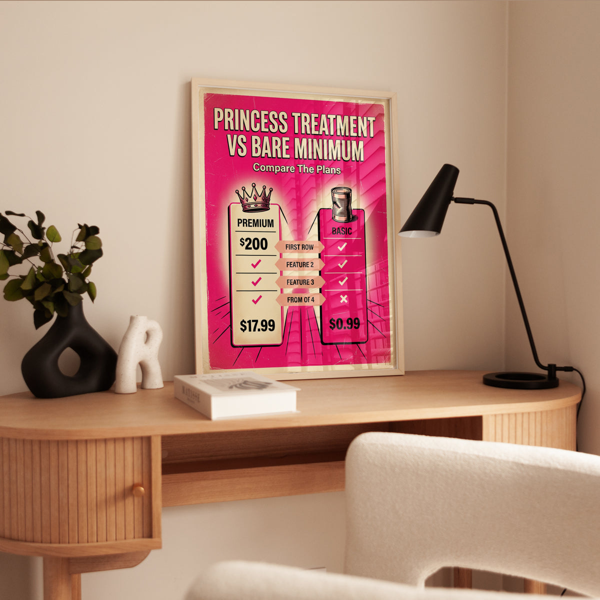 Retro Pricing Comparison Poster: Pink Pop Art Advertising Design - interior