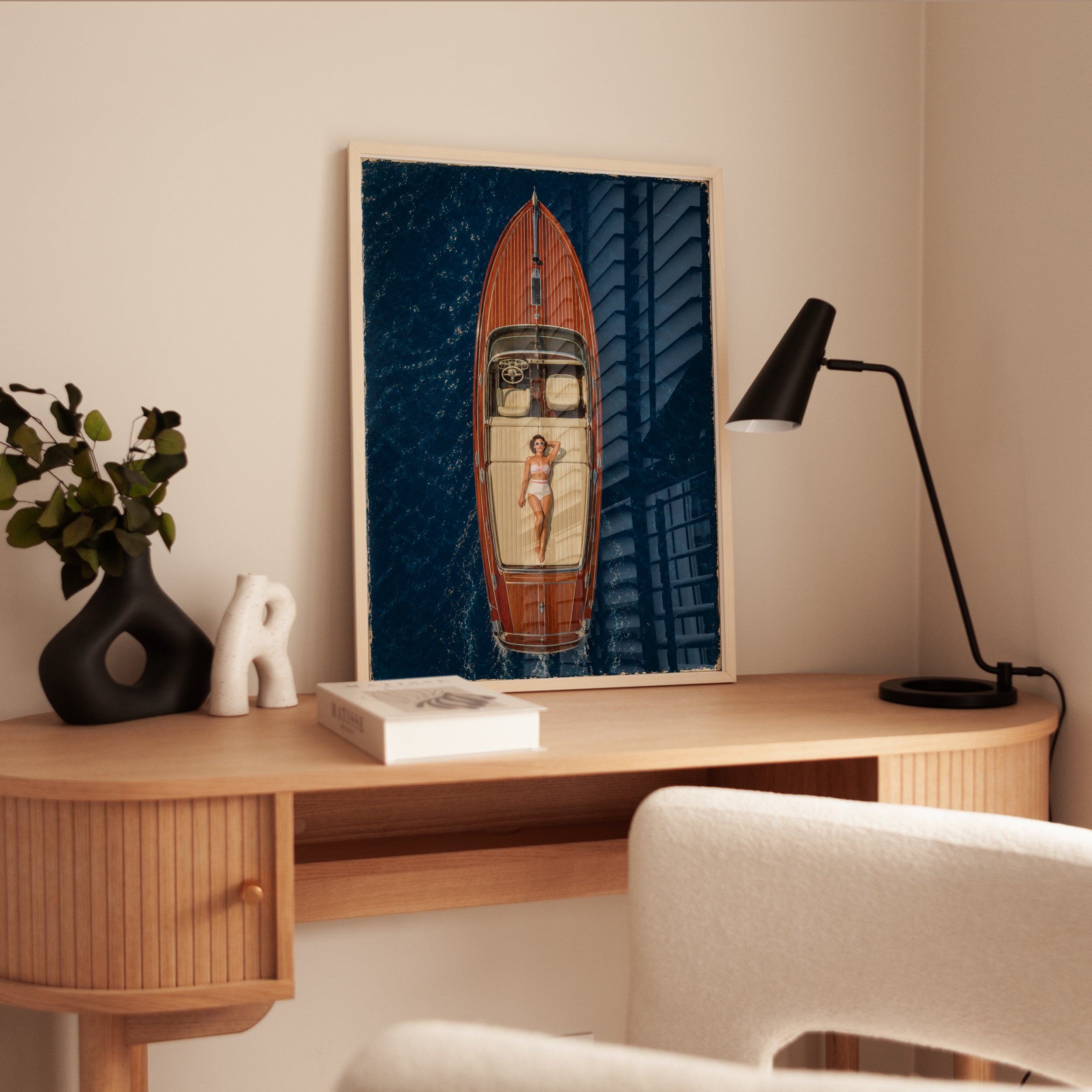 Vintage Wooden Speedboat Aerial Print - interior