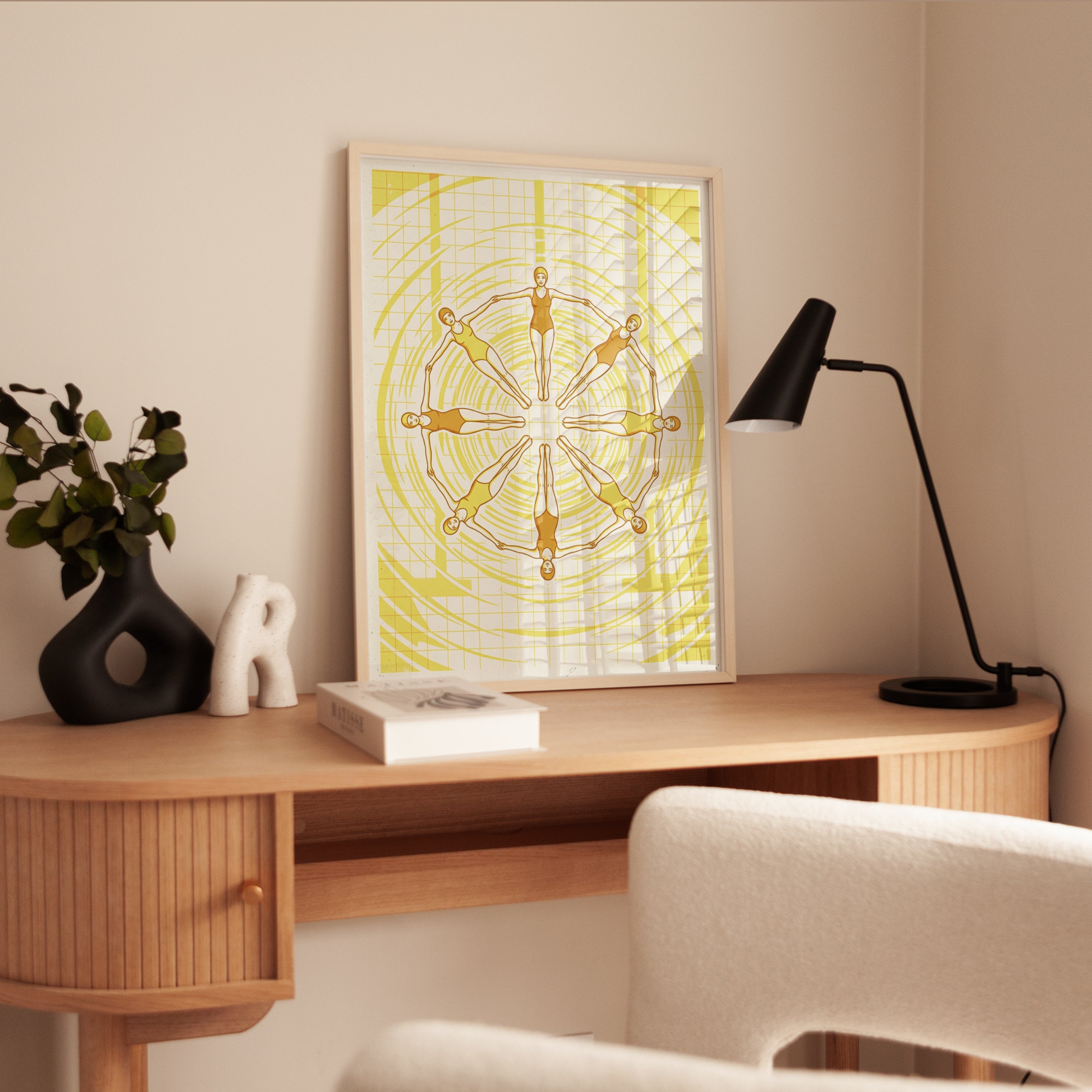 Synchronized Swimmers Mandala: Art Deco Yellow Geometric Print - interior