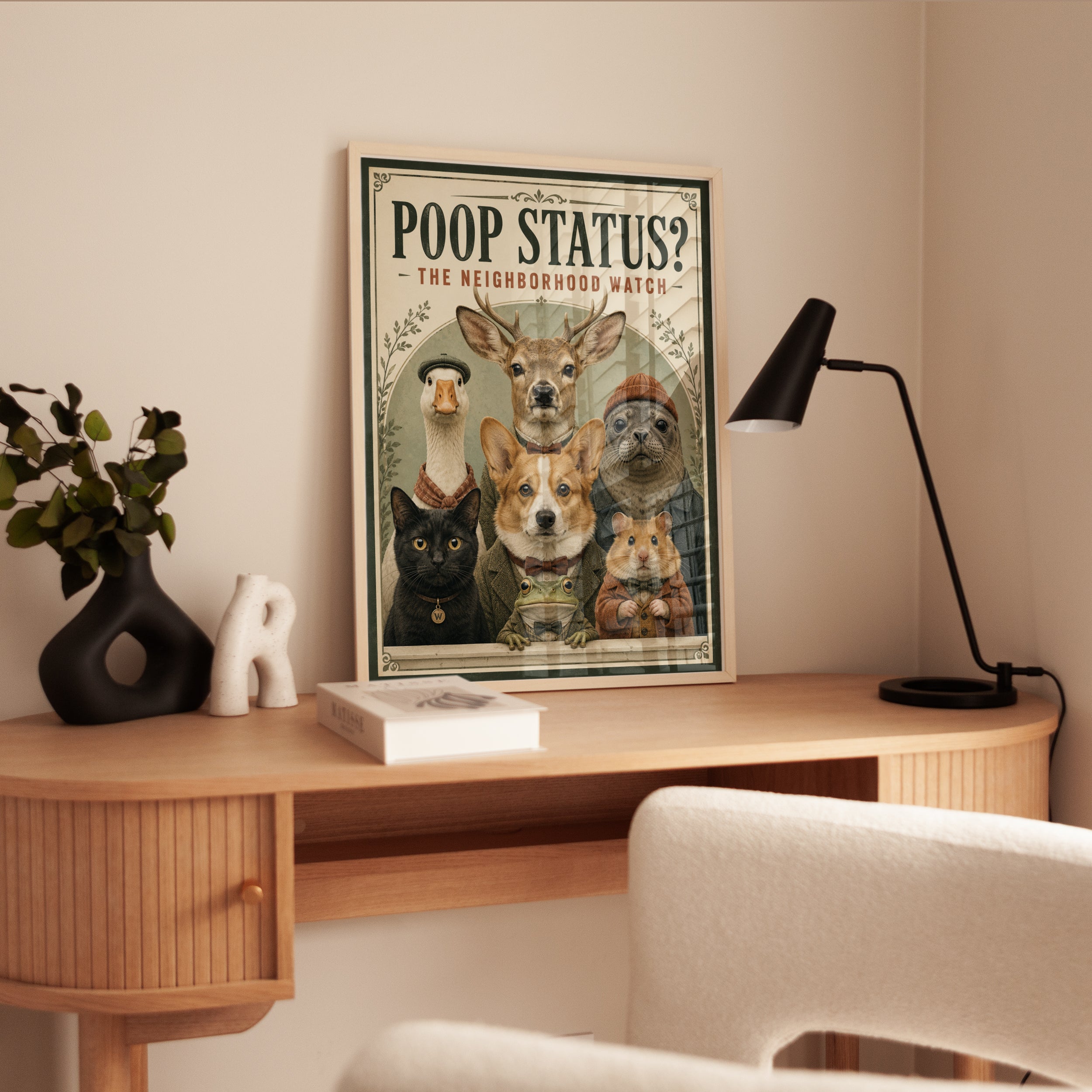 Funny Bathroom Print: Poop Status Neighborhood Watch Animals - interior