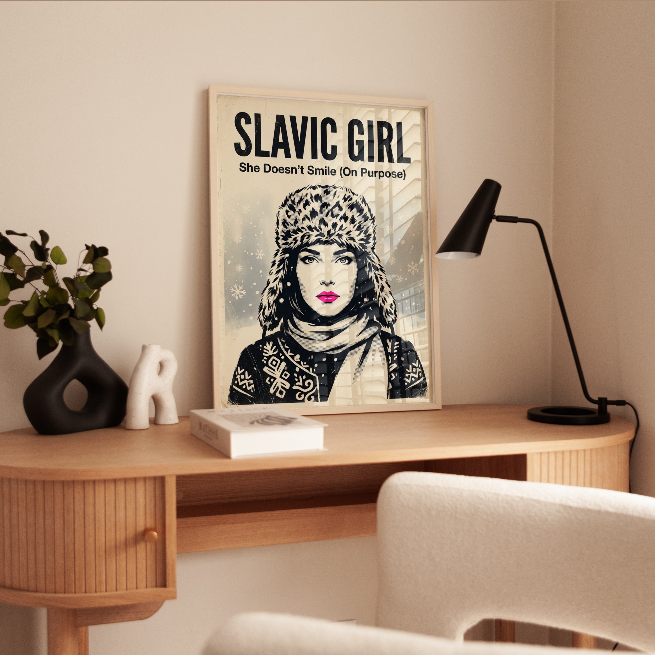 Slavic Girl Winter Portrait: Vintage Propaganda Style Art Print - interior