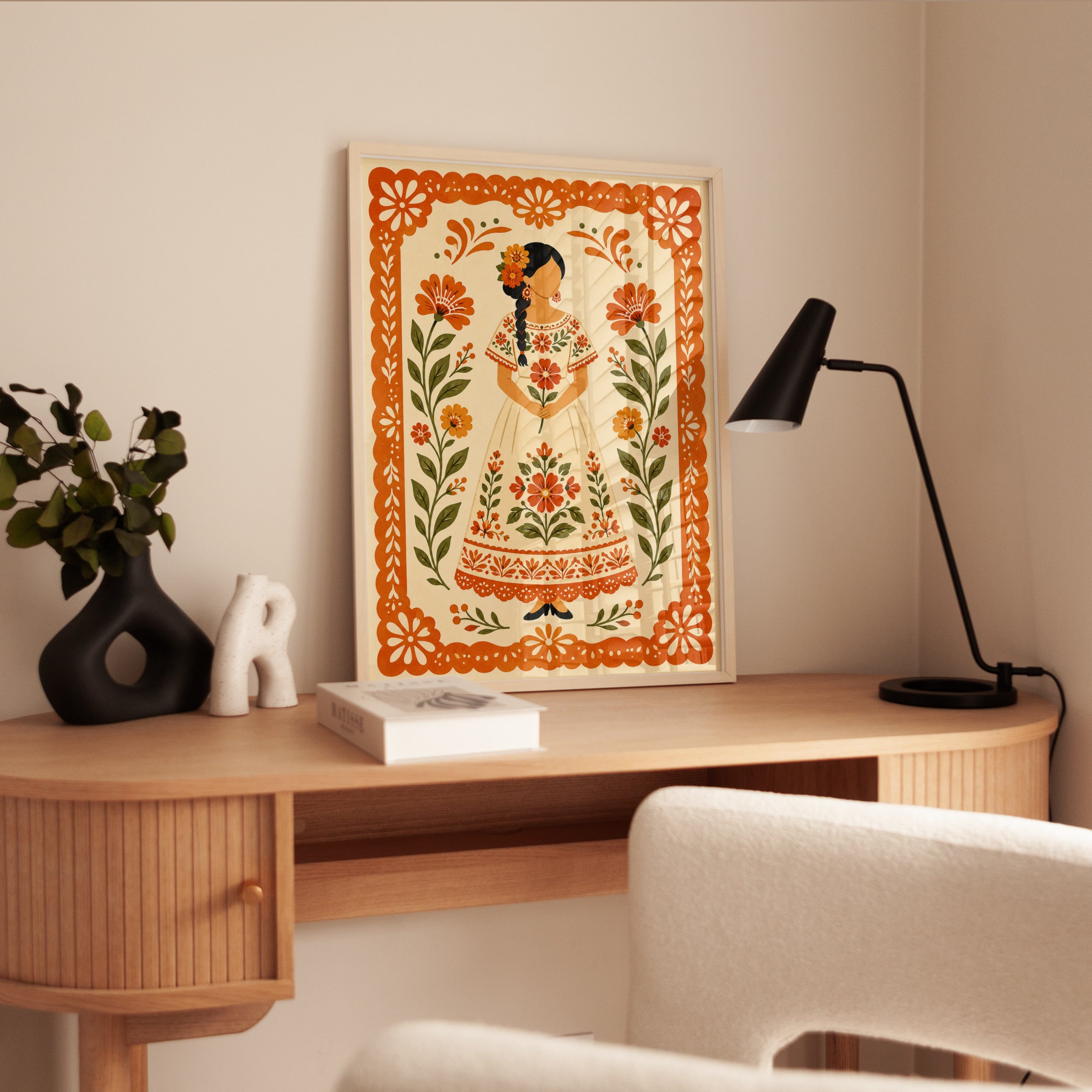 Mexican Folk Art Woman: Orange Floral Embroidered Dress Print - interior