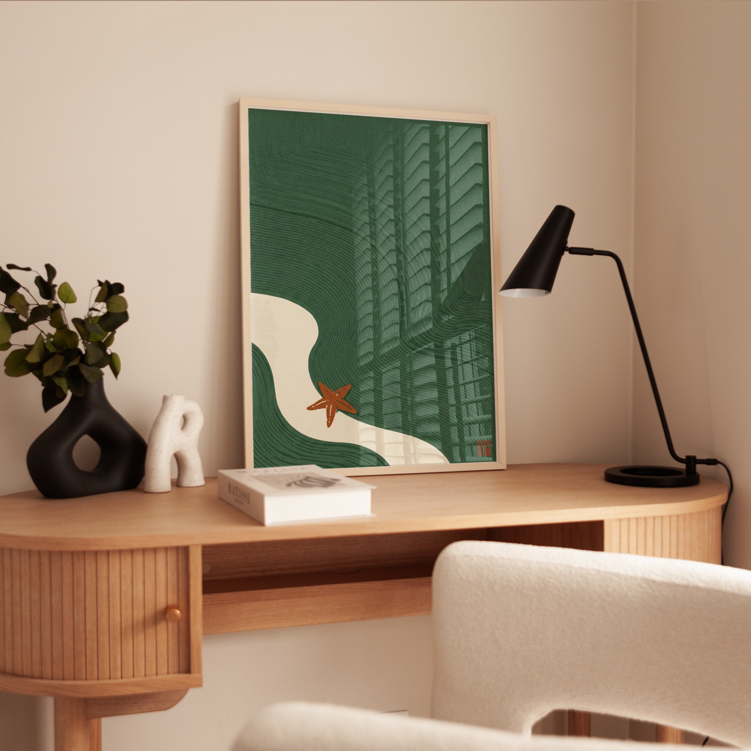 Coastal Ocean Wave Print: Mid-Century Modern Art (Starfish - interior