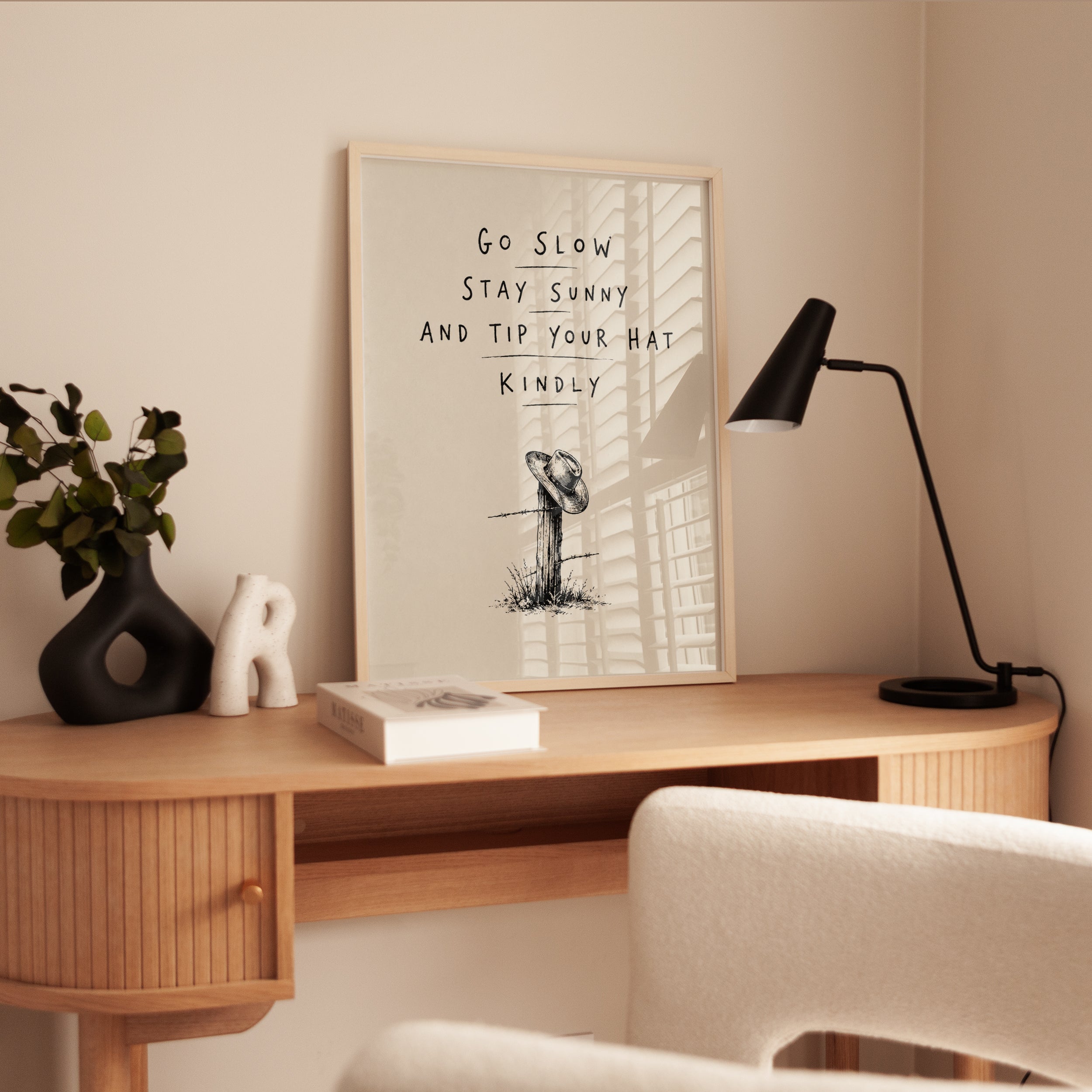 Go Slow Stay Sunny Typography Print: Minimalist Ink Fence Post - interior