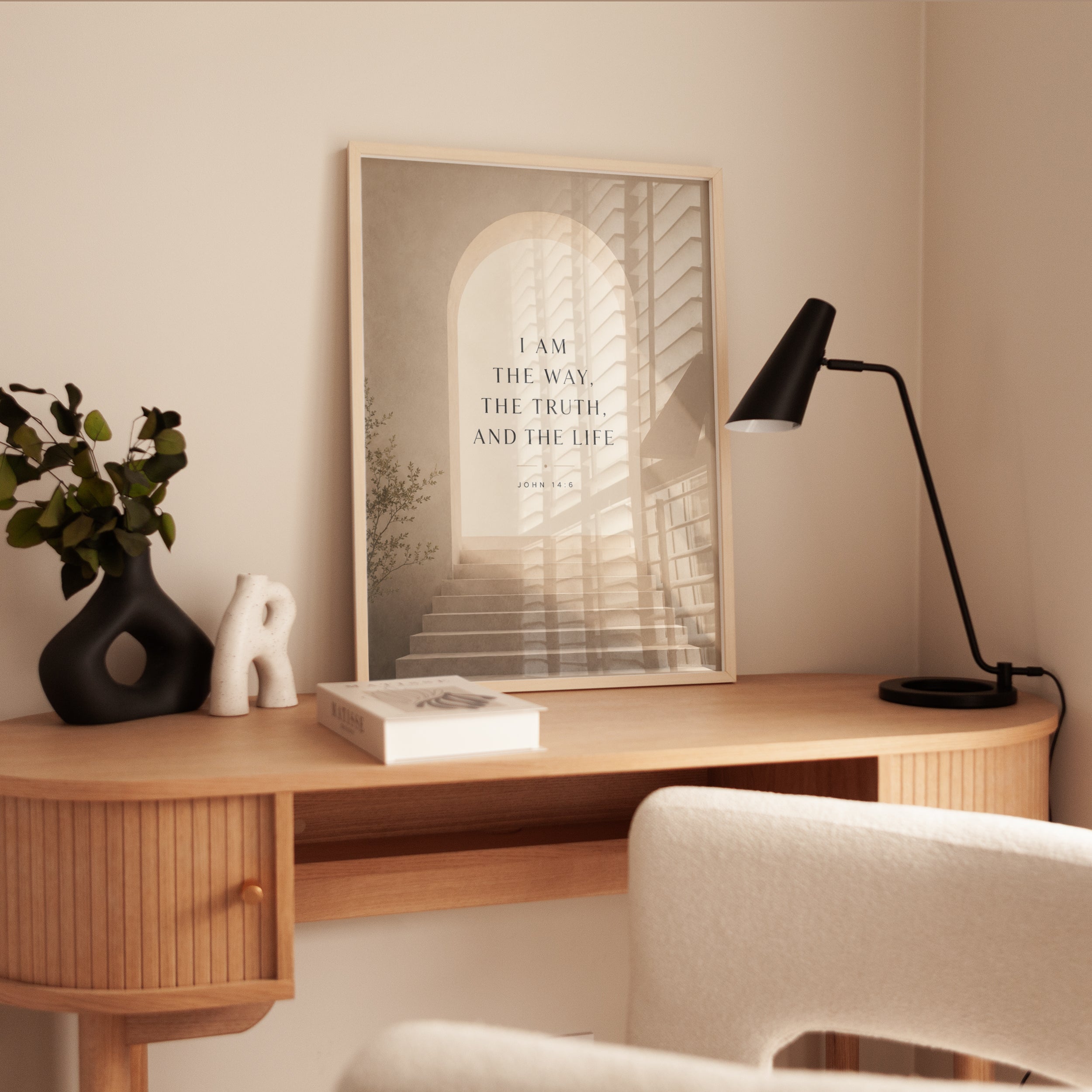 John 14:6 Scripture Print: Minimalist Beige Archway Wall Art - interior