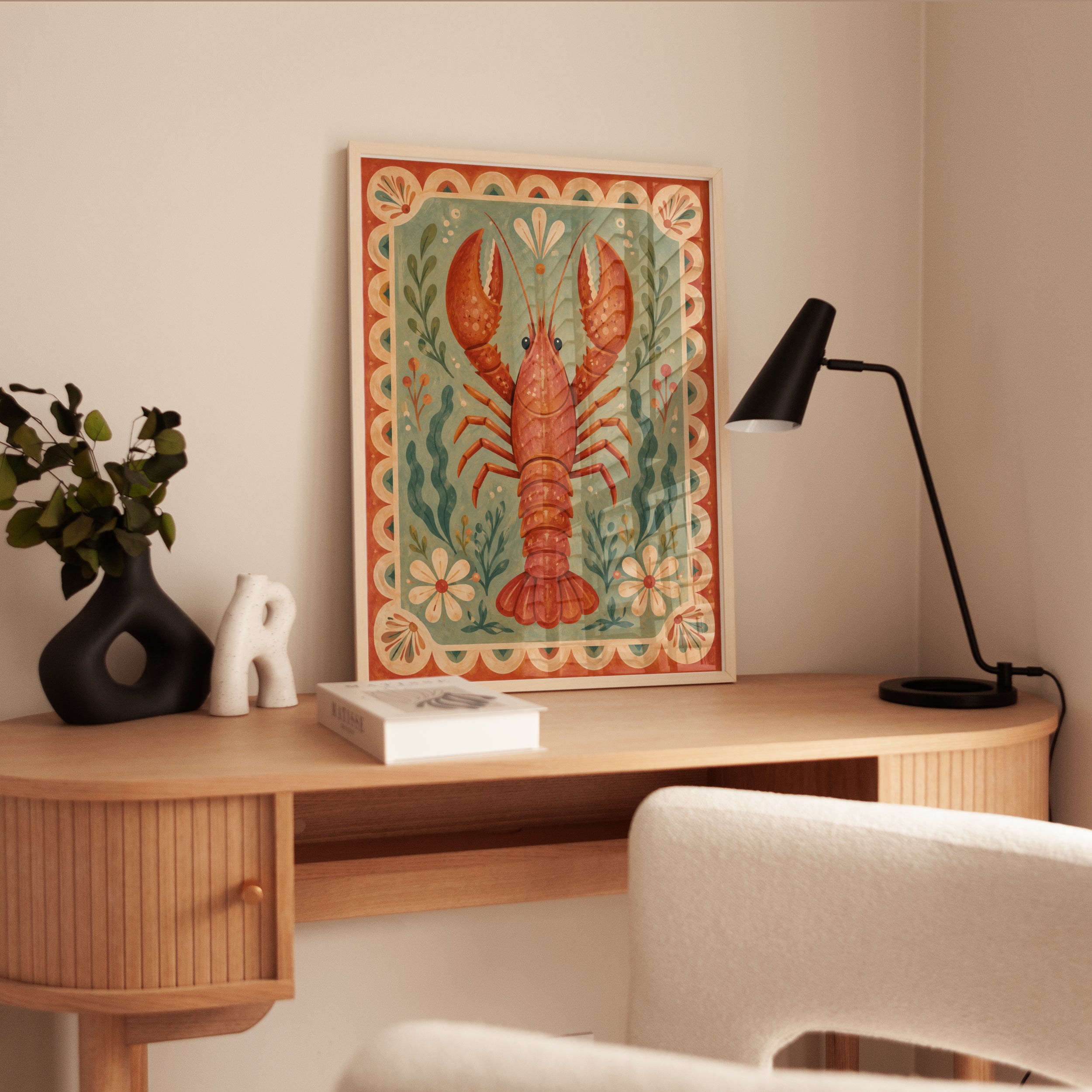 Folk Art Lobster Print – Vintage Coastal Wall Art - interior