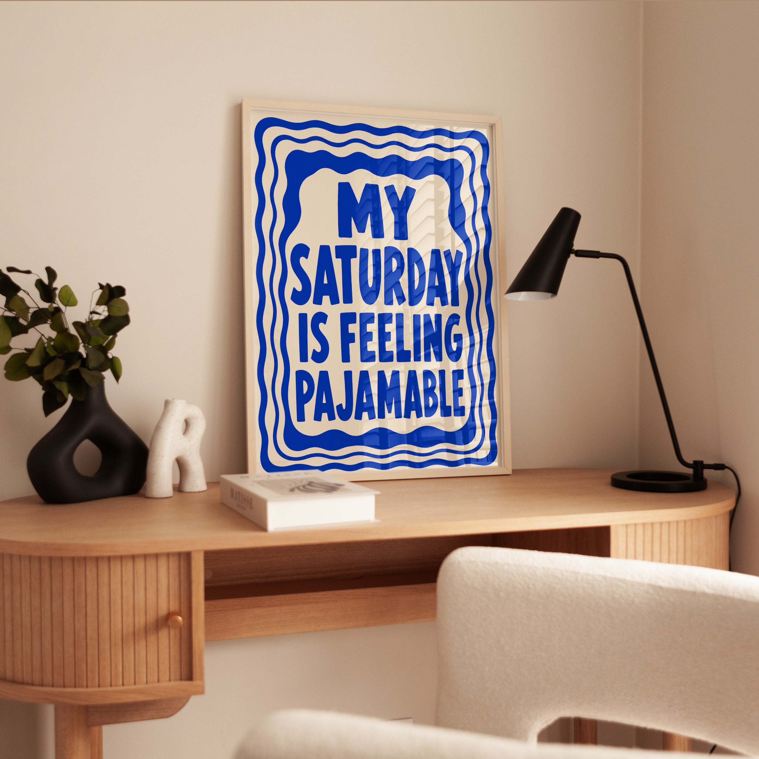 Saturday Pajamable Print: Bold Blue Retro Typography Wall Art - interior
