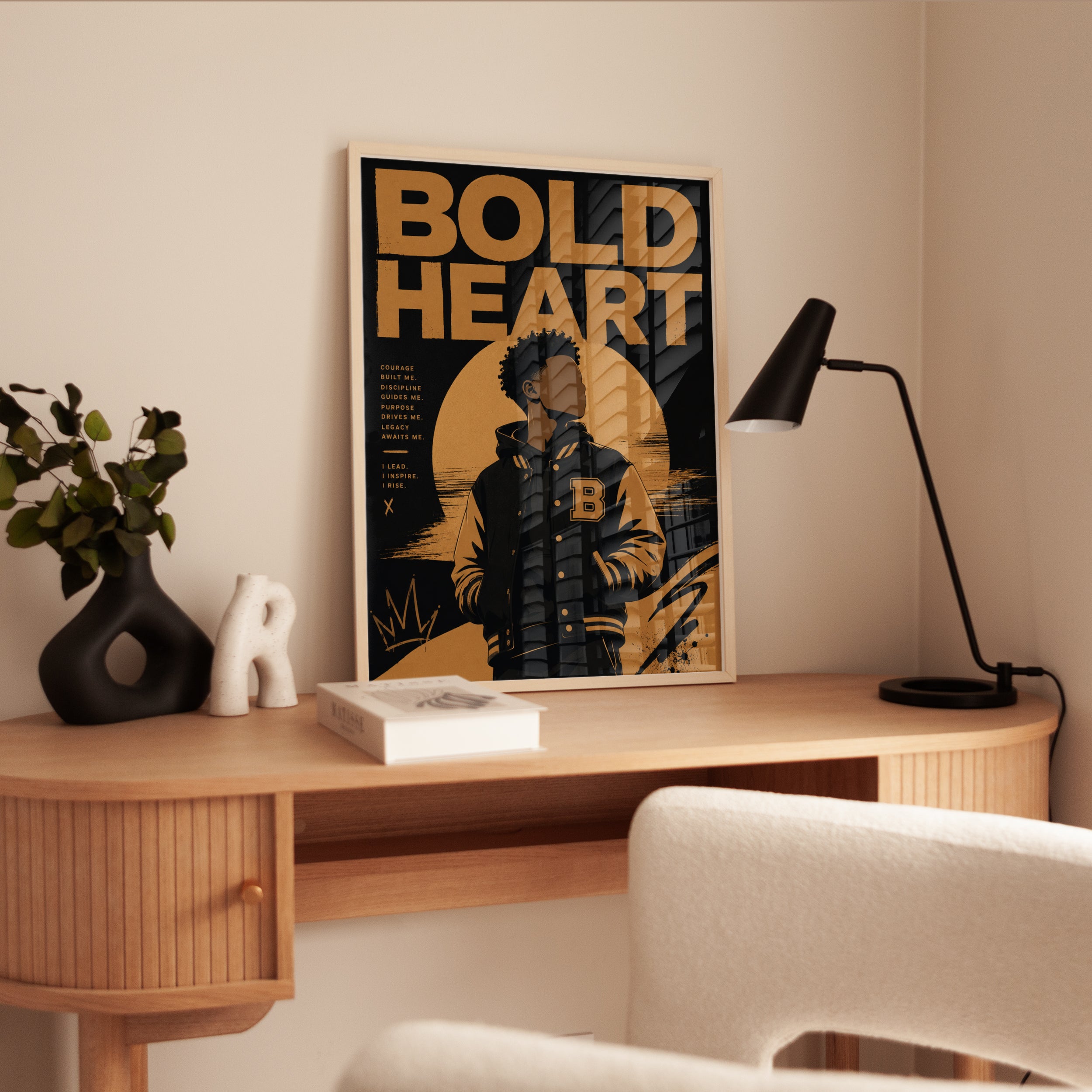Bold Heart Motivational Poster: Black and Gold Typography Art - interior