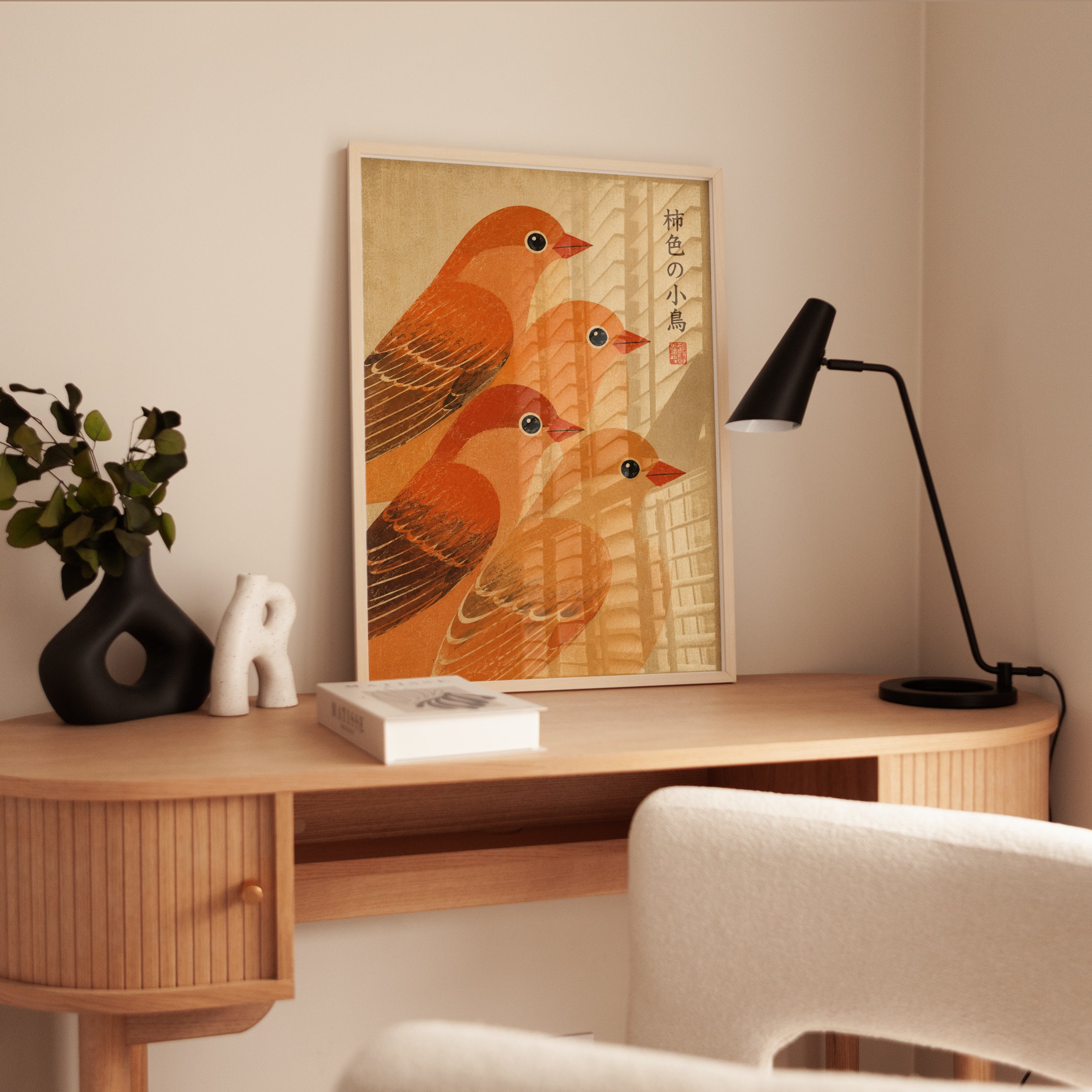 Japanese Bird Art Print — Vintage Orange Songbirds - interior
