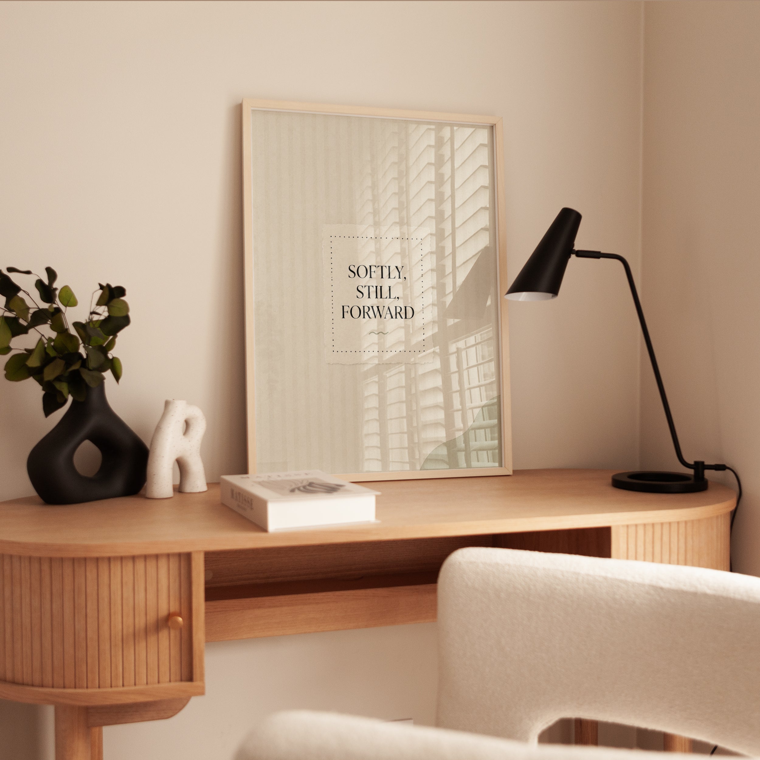 Softly Still Forward Typography Print: Minimalist Beige Wall Art - interior
