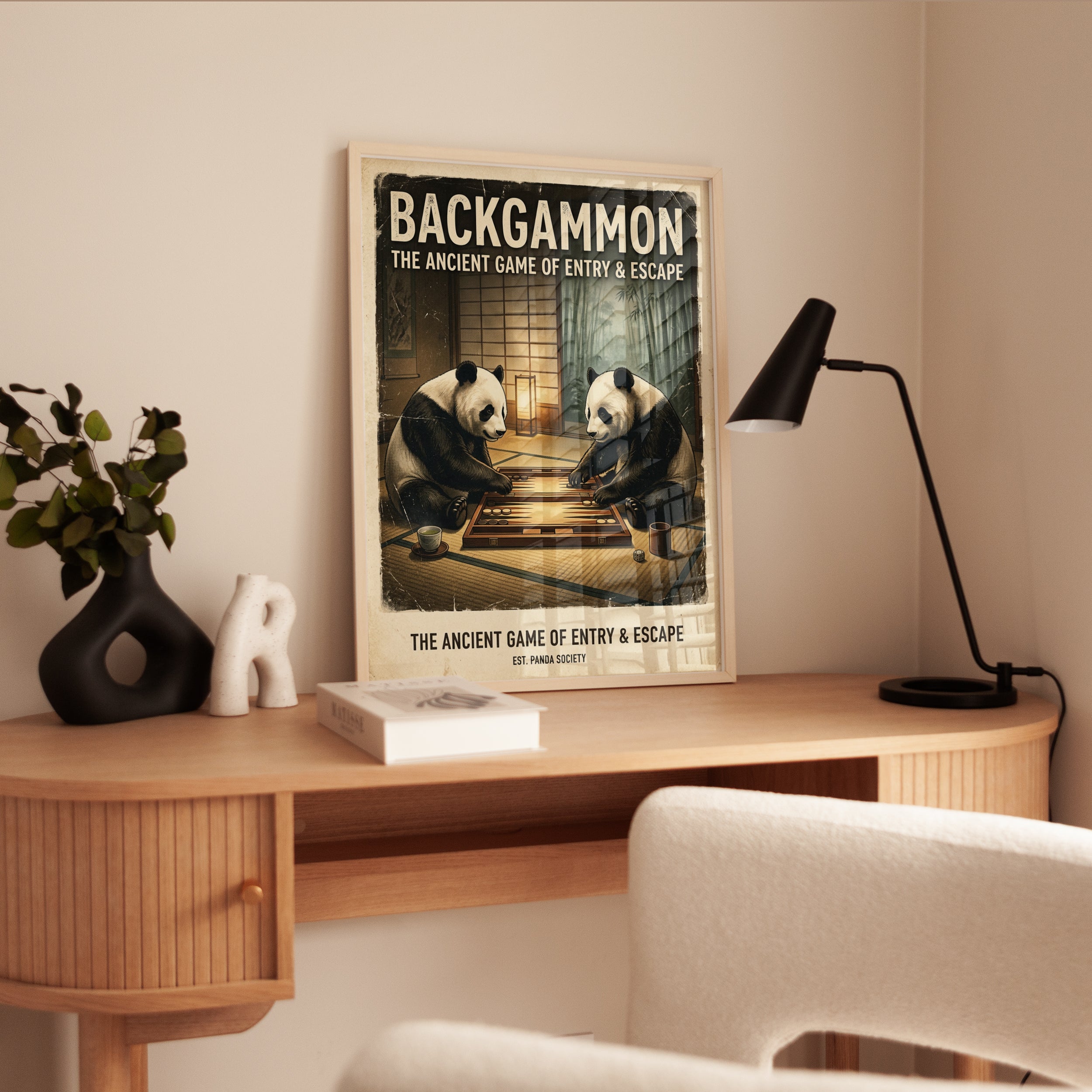 Backgammon Pandas Art Print: Vintage Japanese Game Room Poster - interior