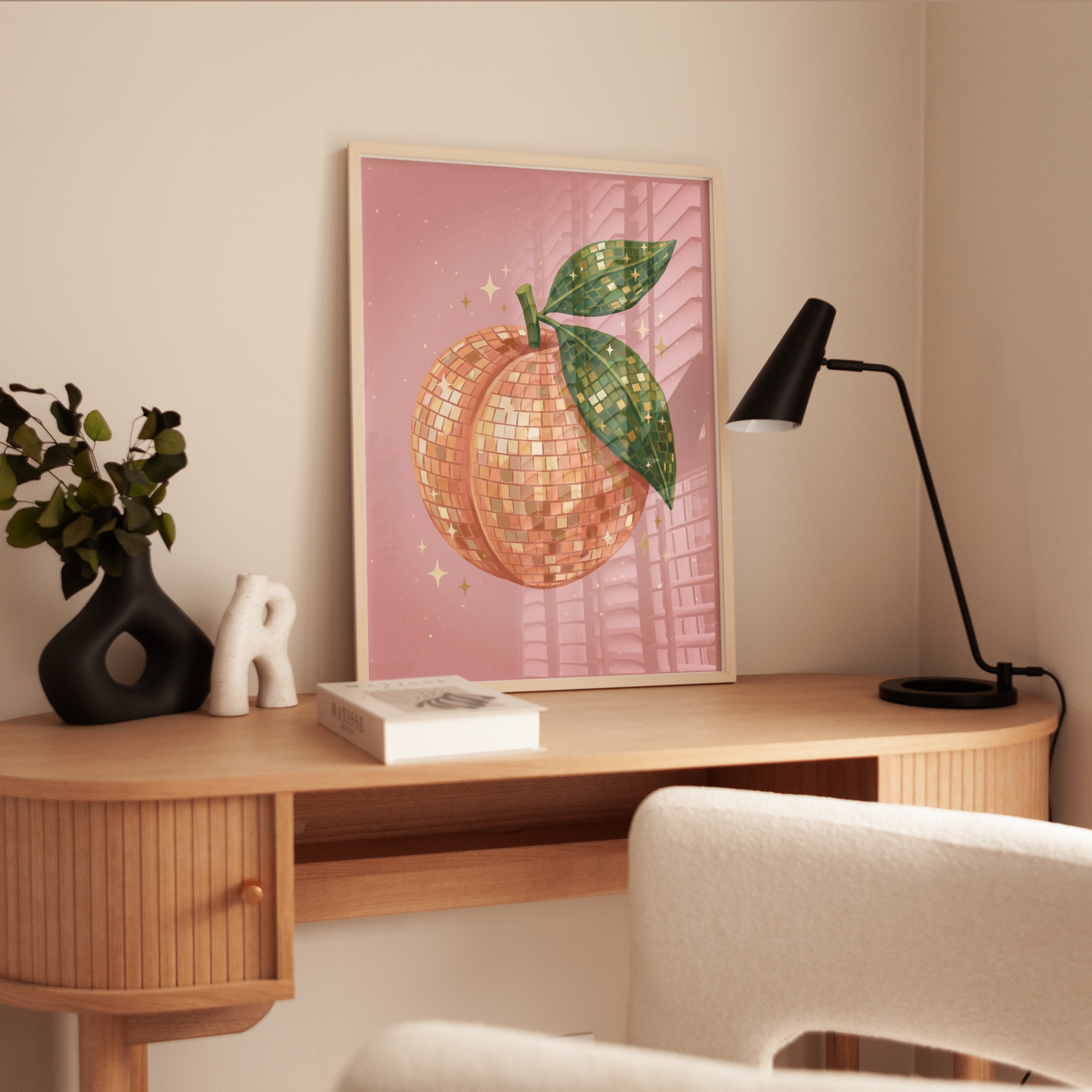 Peach Disco Ball Print: Retro Fruit Art (Multiple Sizes) - interior