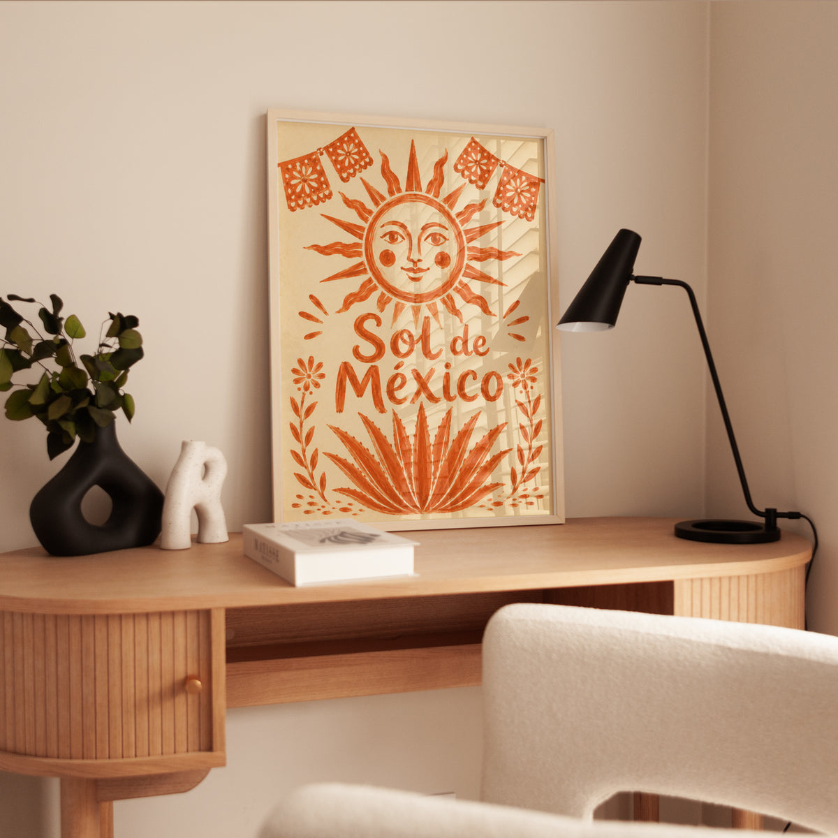 Sol de Mexico Poster: Folk Art Sun Print in Orange and Cream - interior