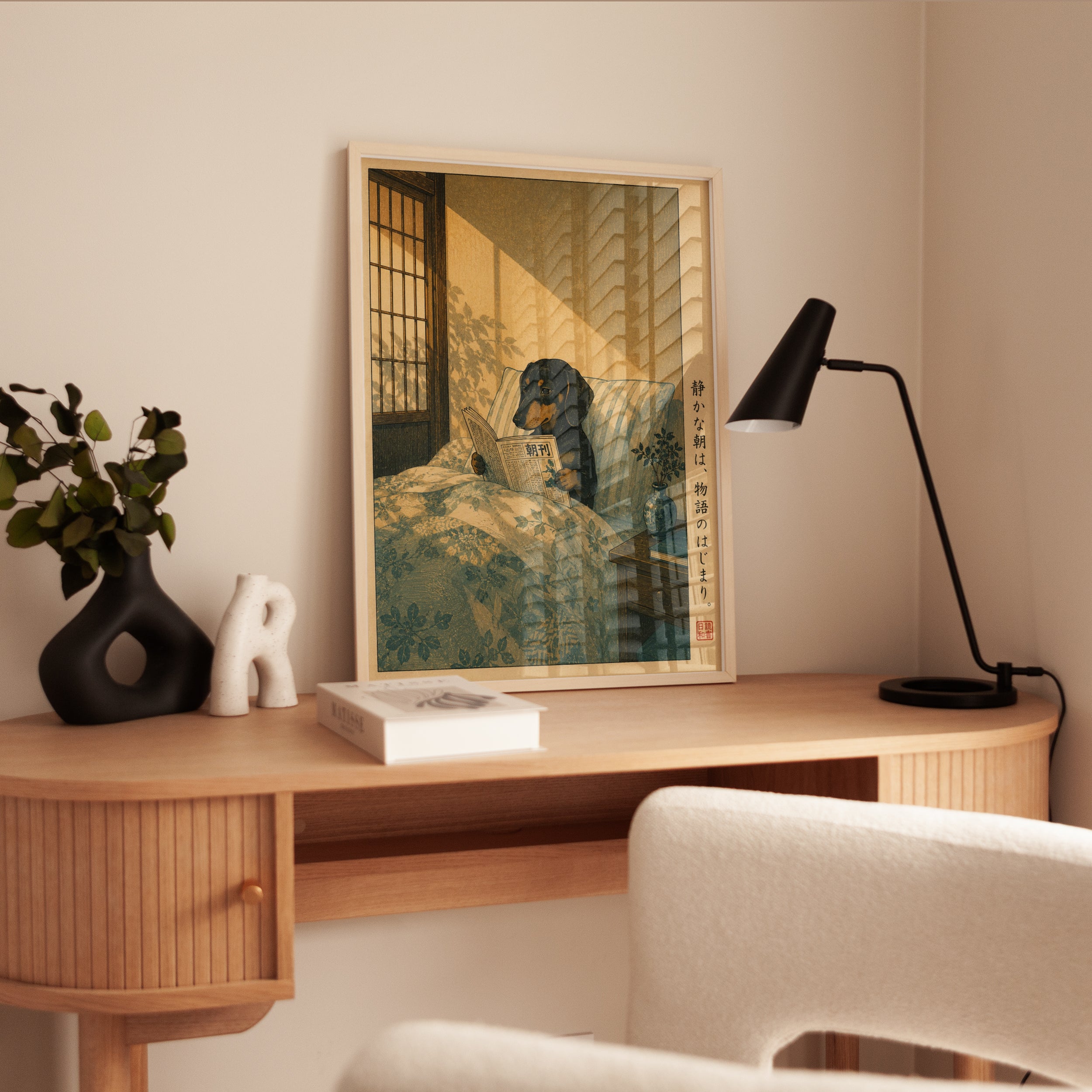 Japanese Dog Reading Art – Dachshund Wall Print - interior