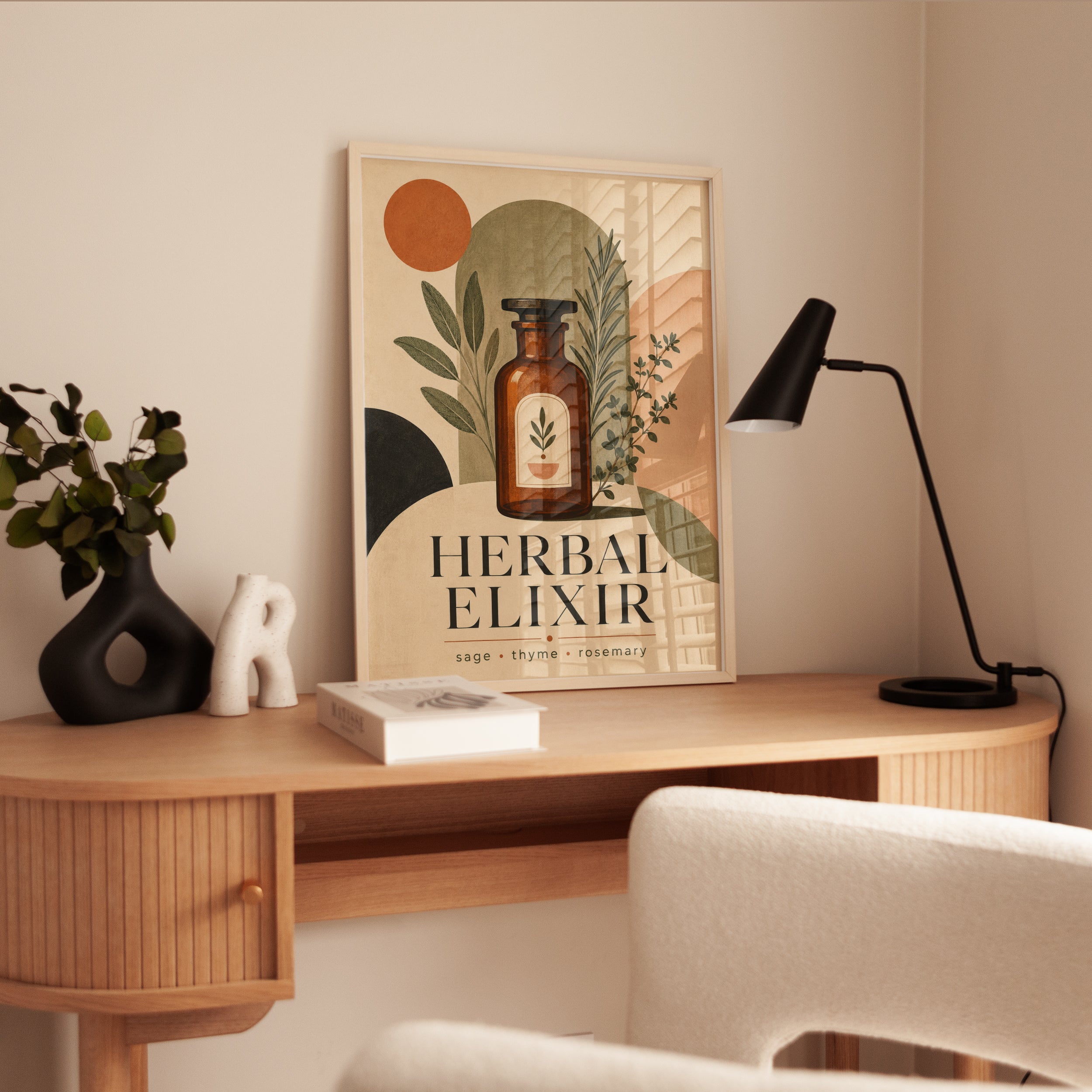 Herbal Apothecary Bottle Art Print: Mid-Century Botanical Design - interior