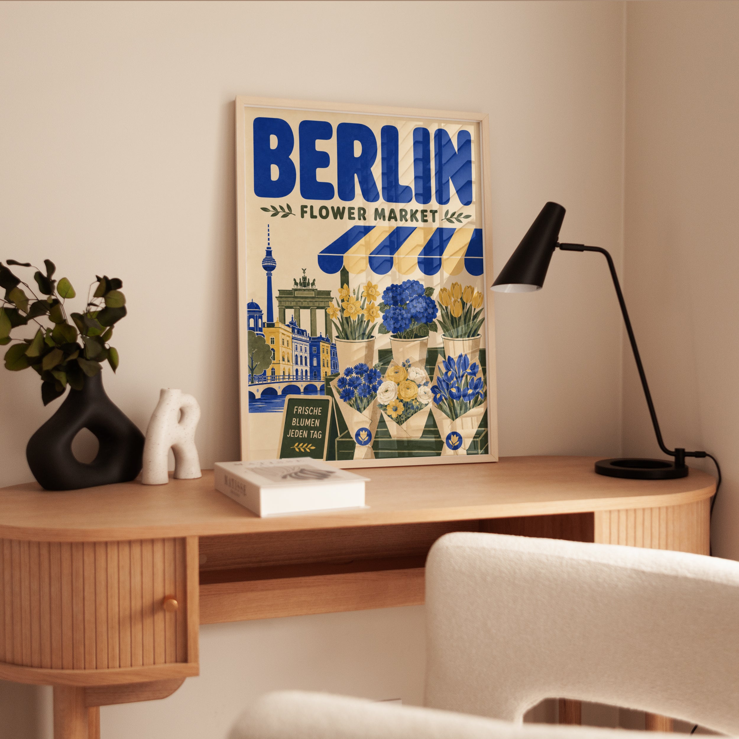 Vintage Berlin Travel Poster: Flower Market Scene (Mid-Century Style) - interior