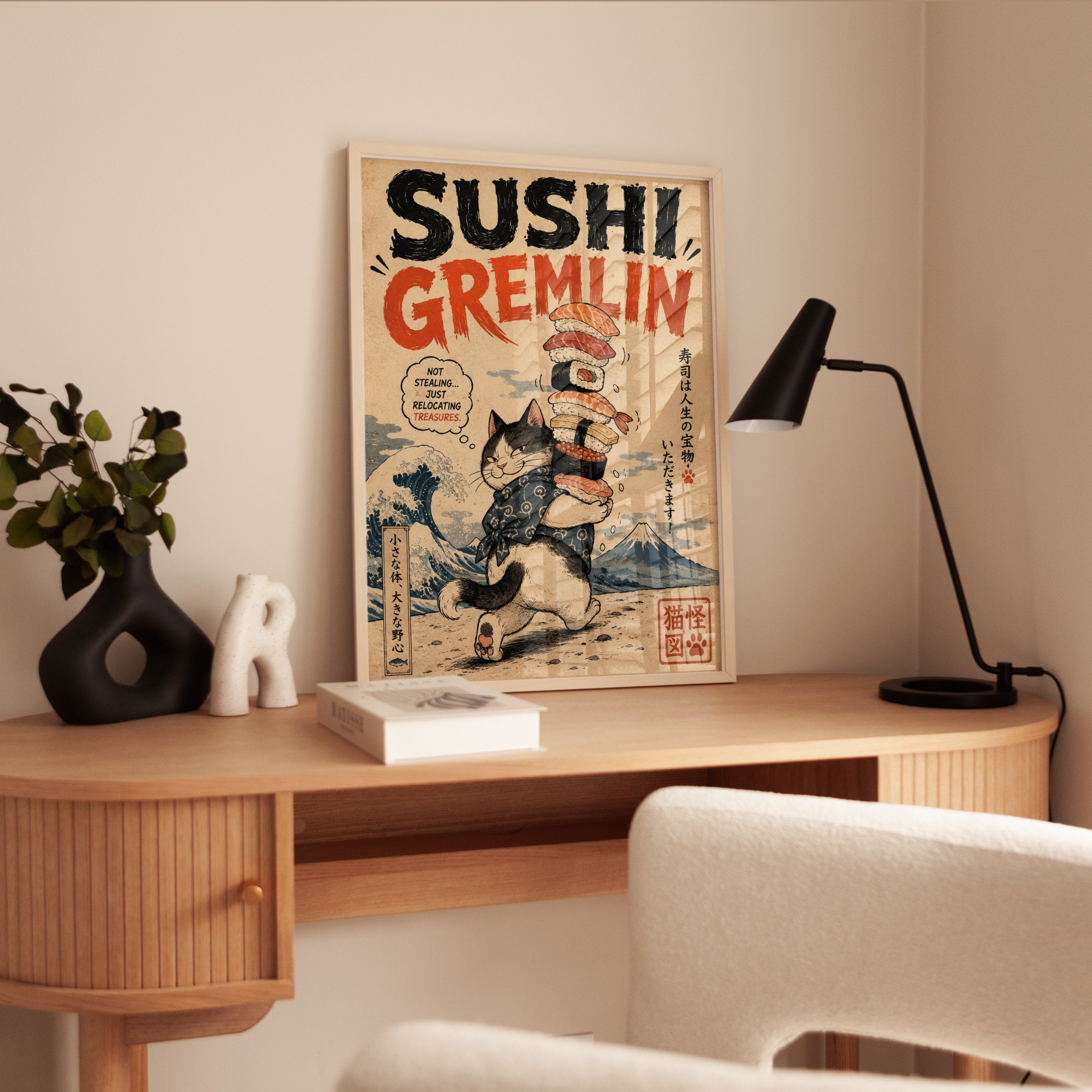 Sushi Gremlin Cat Poster: Japanese Ukiyo-e Style Wall Art - interior