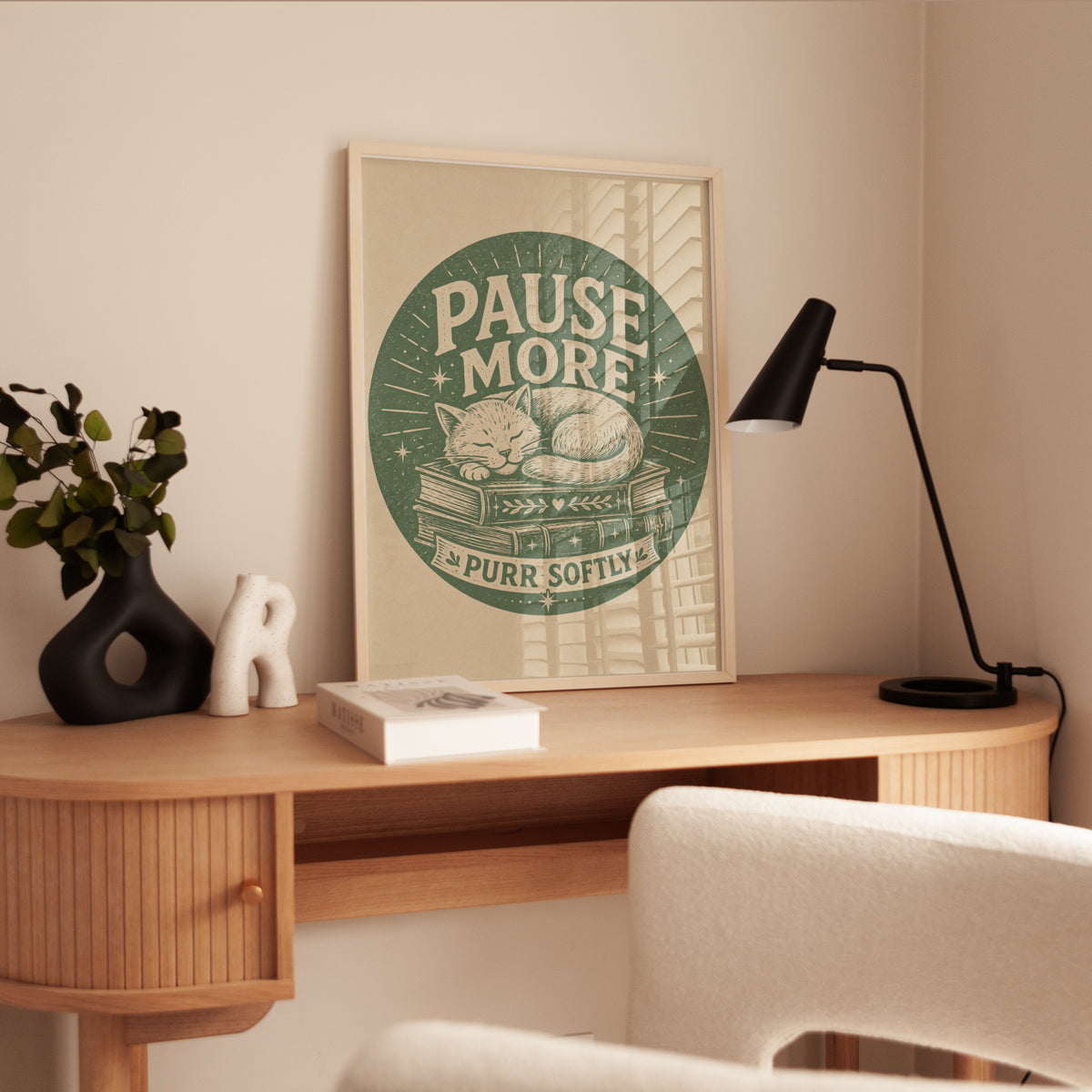 Pause More Vintage Cat Poster: Retro Green Linocut Art Print - interior