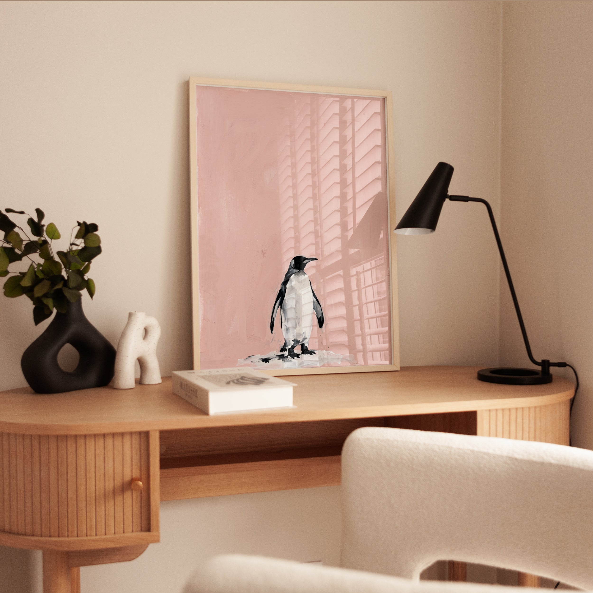 Penguin Art Print — Soft Pink Minimalist Animal Painting - interior