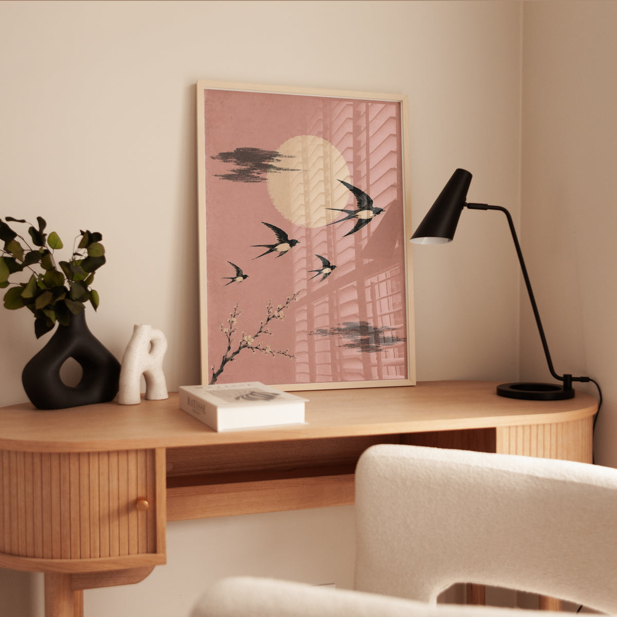 Cherry Blossom and Moon Swallow Print - interior
