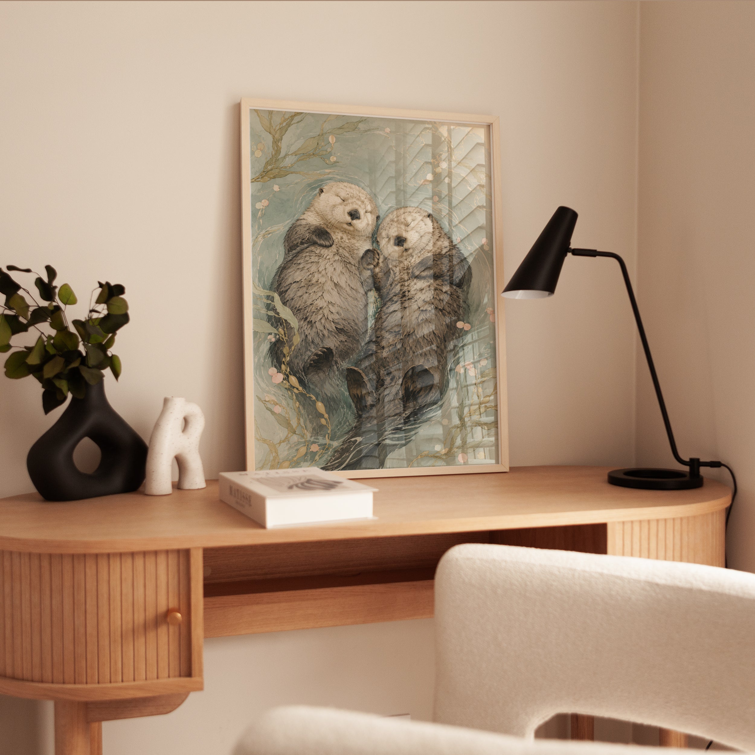 Sea Otters Holding Hands Art Print: Watercolor Wildlife Illustration - interior