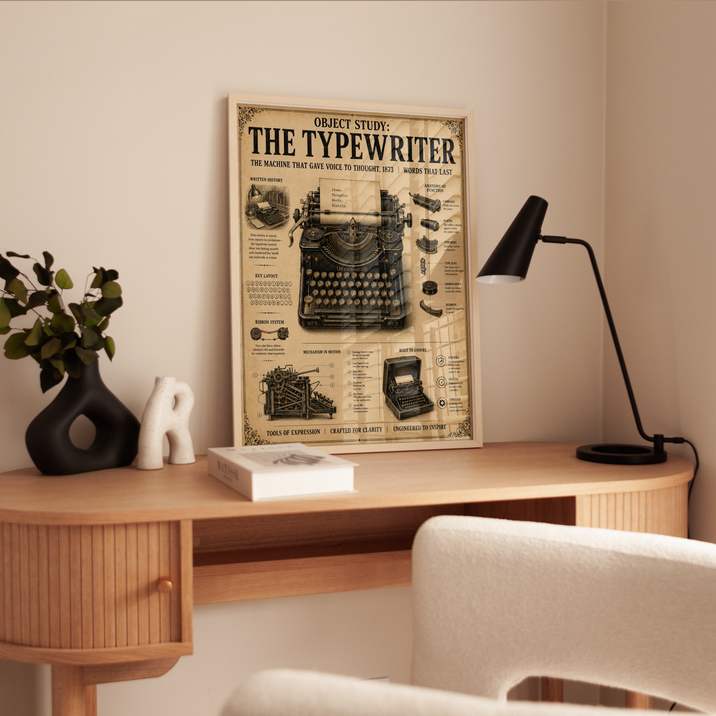 Vintage Typewriter Blueprint Poster: Victorian Technical Diagram - interior