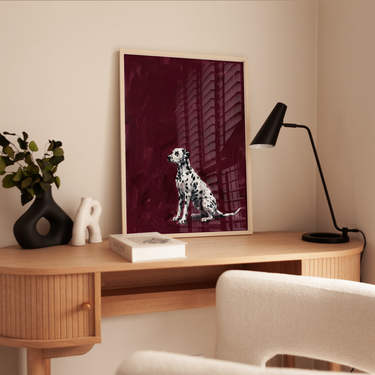 Dalmatian Dog Portrait: Deep Burgundy Expressionist Wall Art - interior