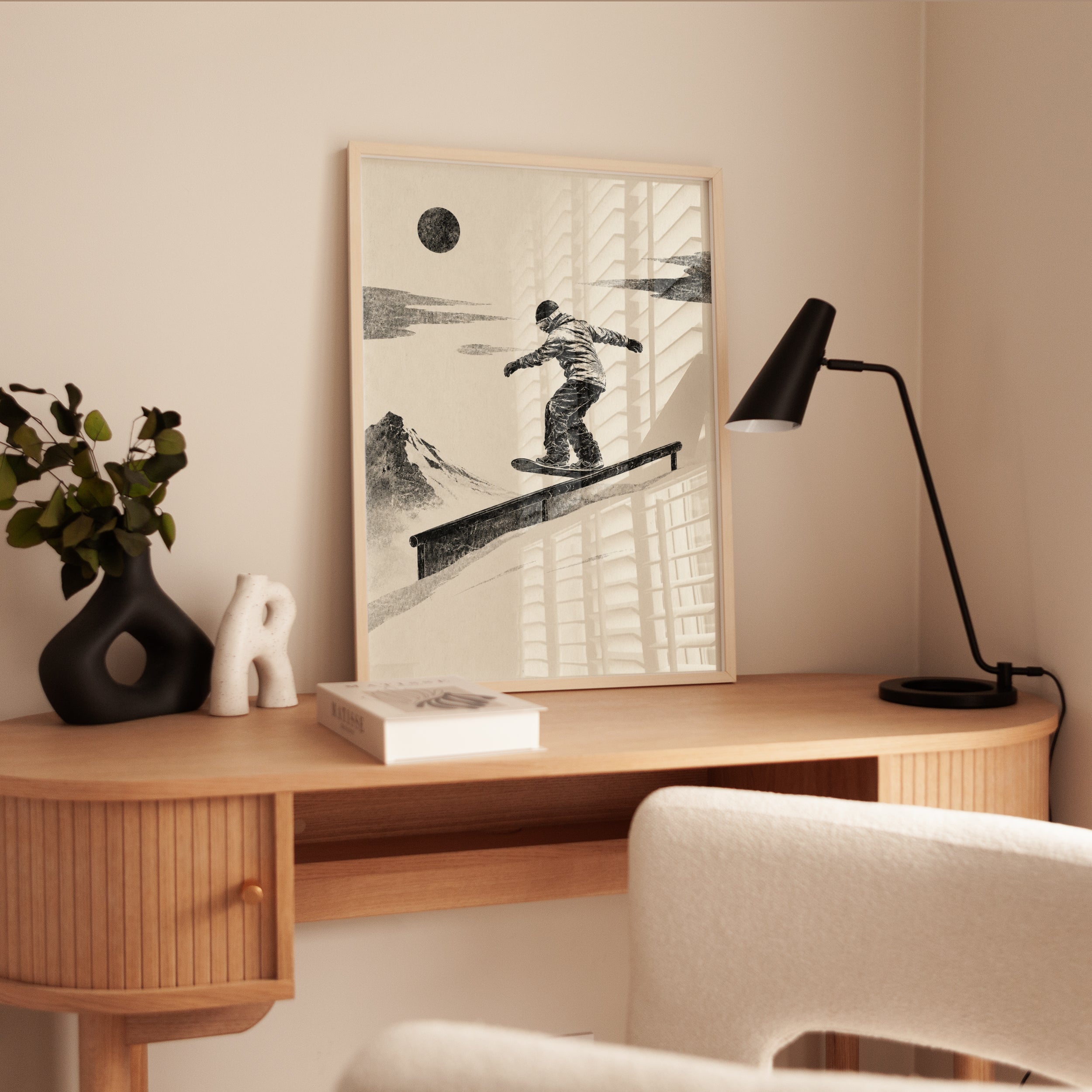 Snowboarder Rail Slide Print: Vintage Monochrome Winter Sports Art - interior