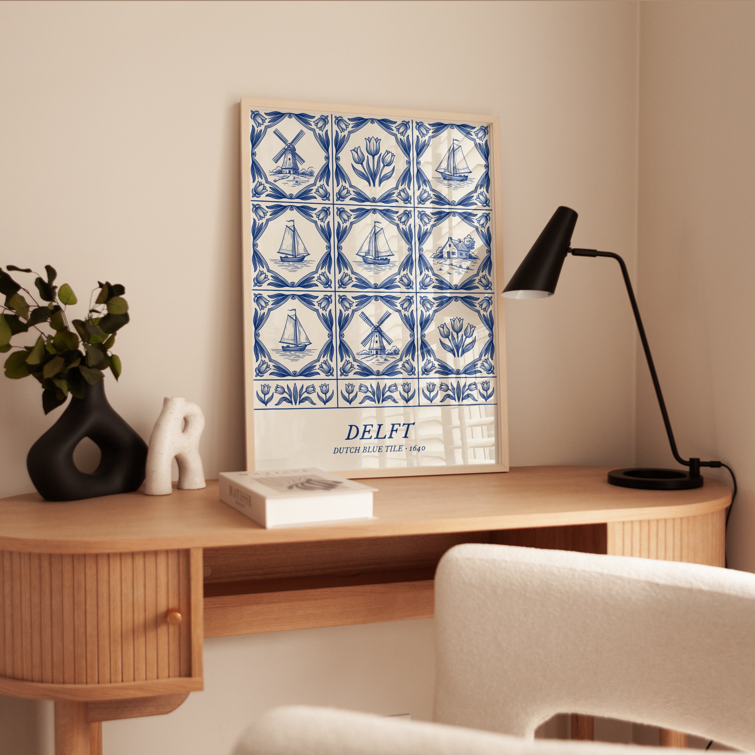 Delft Blue Tile Print: Dutch Windmill and Tulip Art - interior