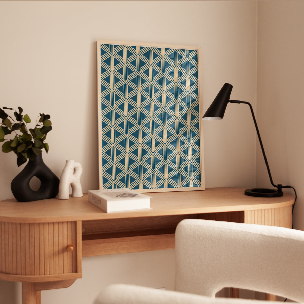 Geometric Art Print: Gold & Navy Blue Lattice (Living Room Decor) - interior
