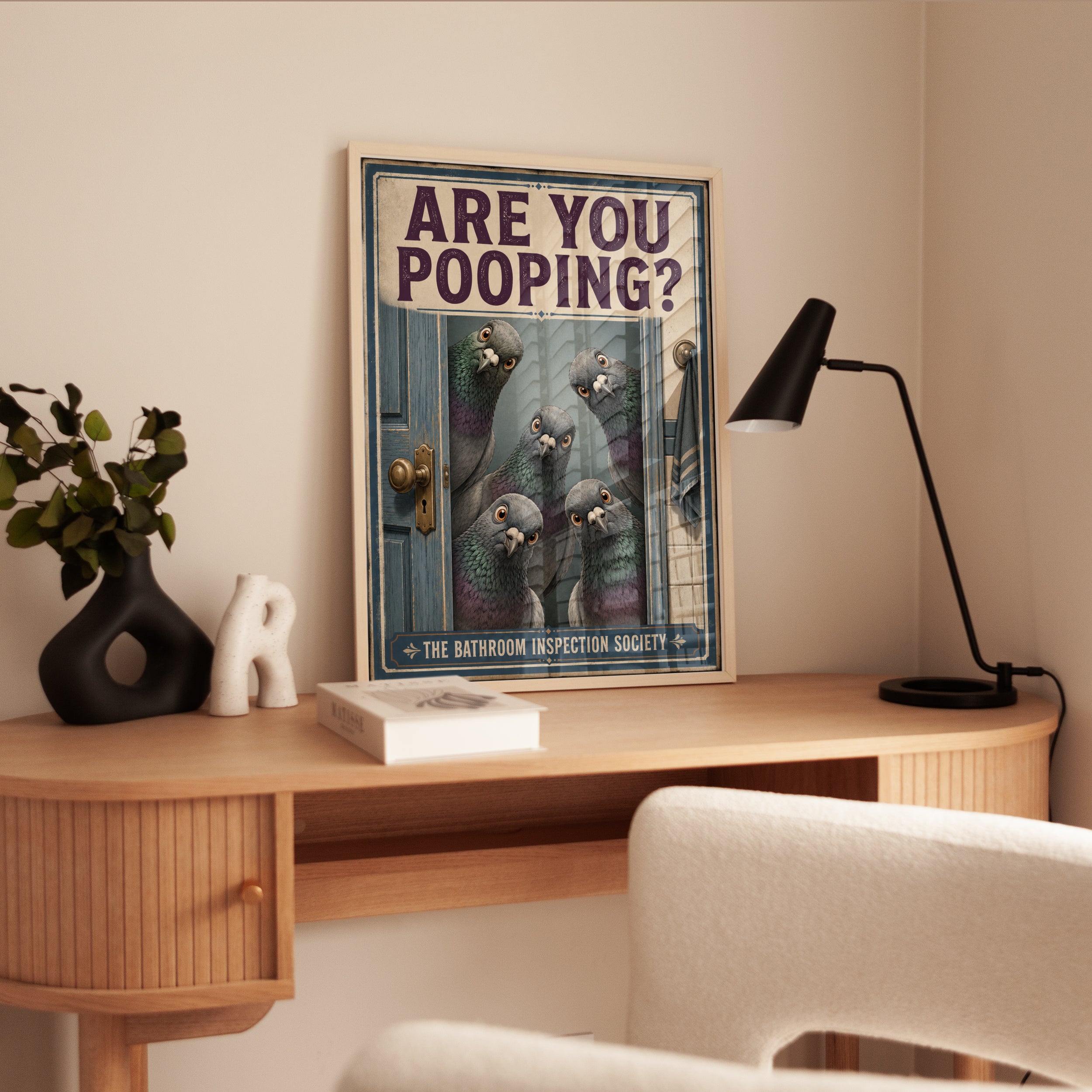 Pigeon Inspection Society Print: Funny Vintage Bathroom Wall Art - interior