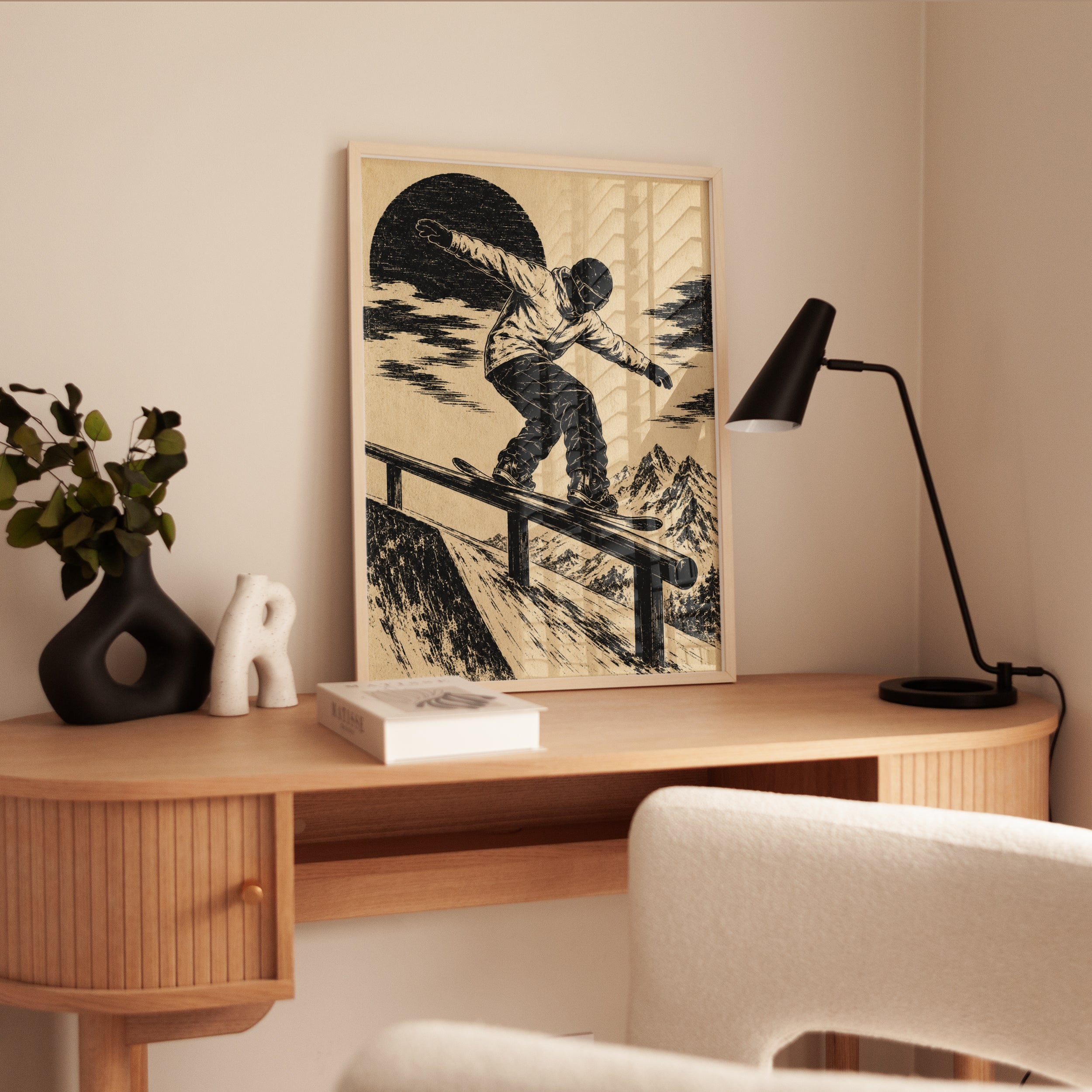 Snowboarder Rail Slide Print: Vintage Woodcut Mountain Sports Art - interior
