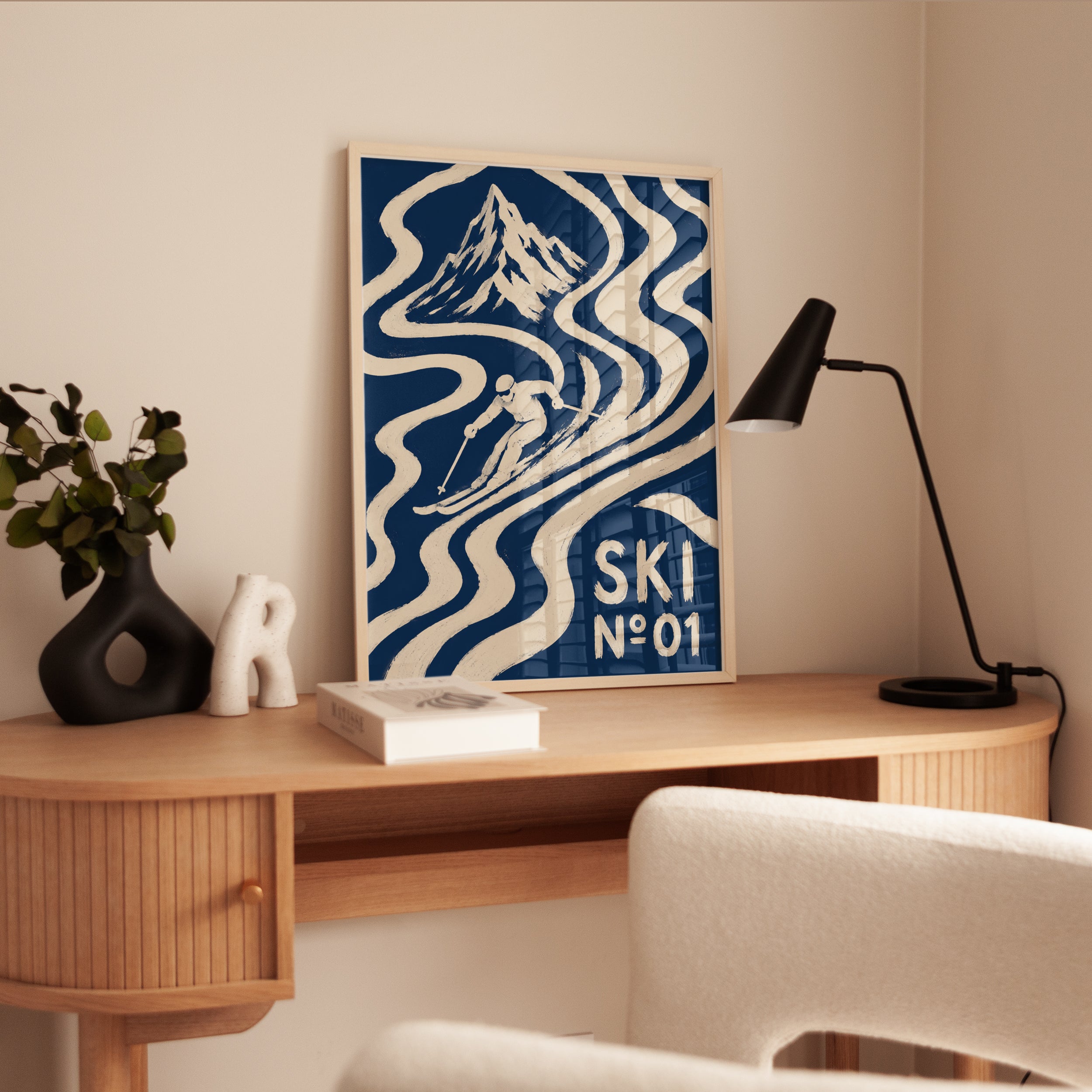 Vintage Ski Poster: Art Deco Mountain Design in Navy Blue - interior