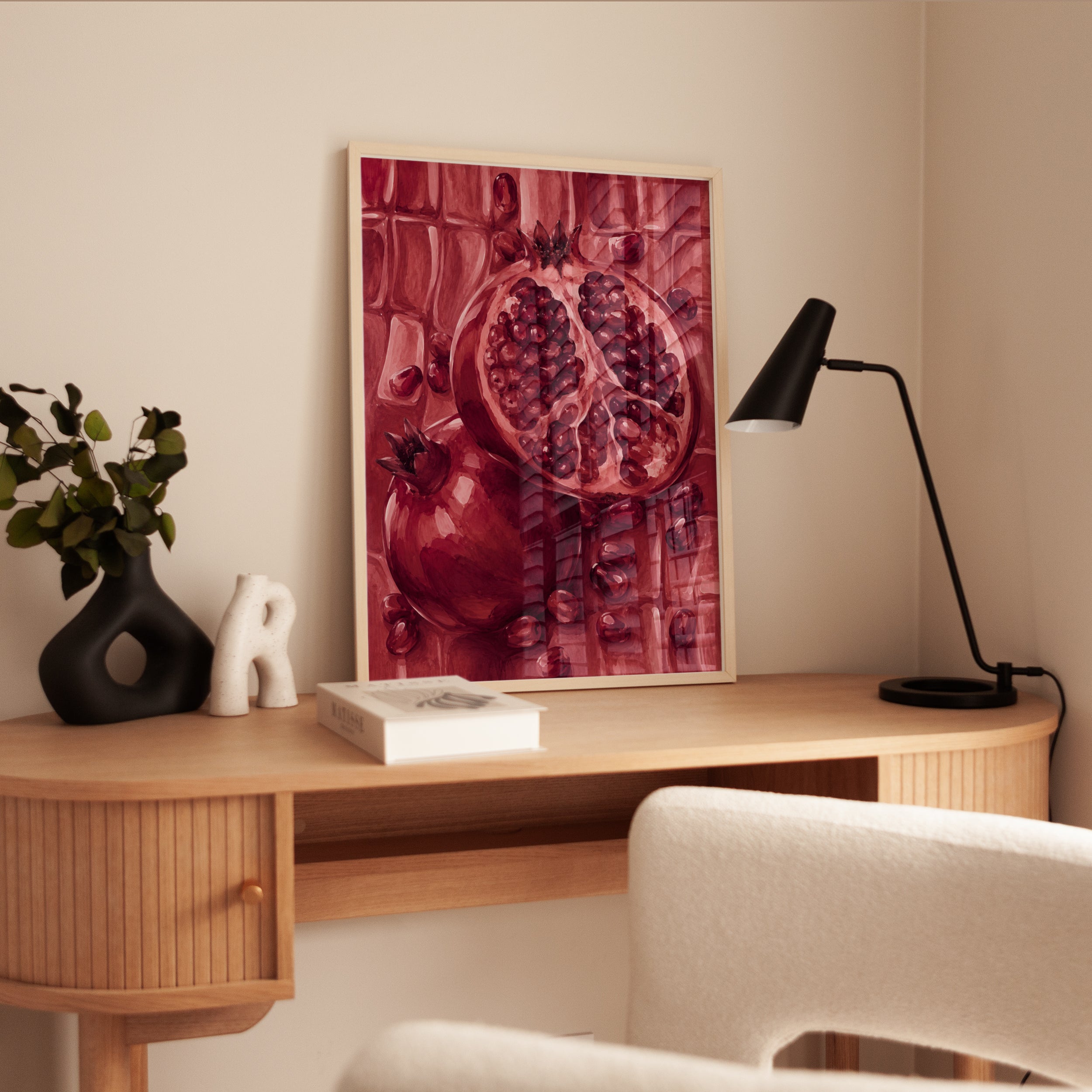 Red Pomegranate Still Life: Monochromatic Kitchen Wall Art - interior